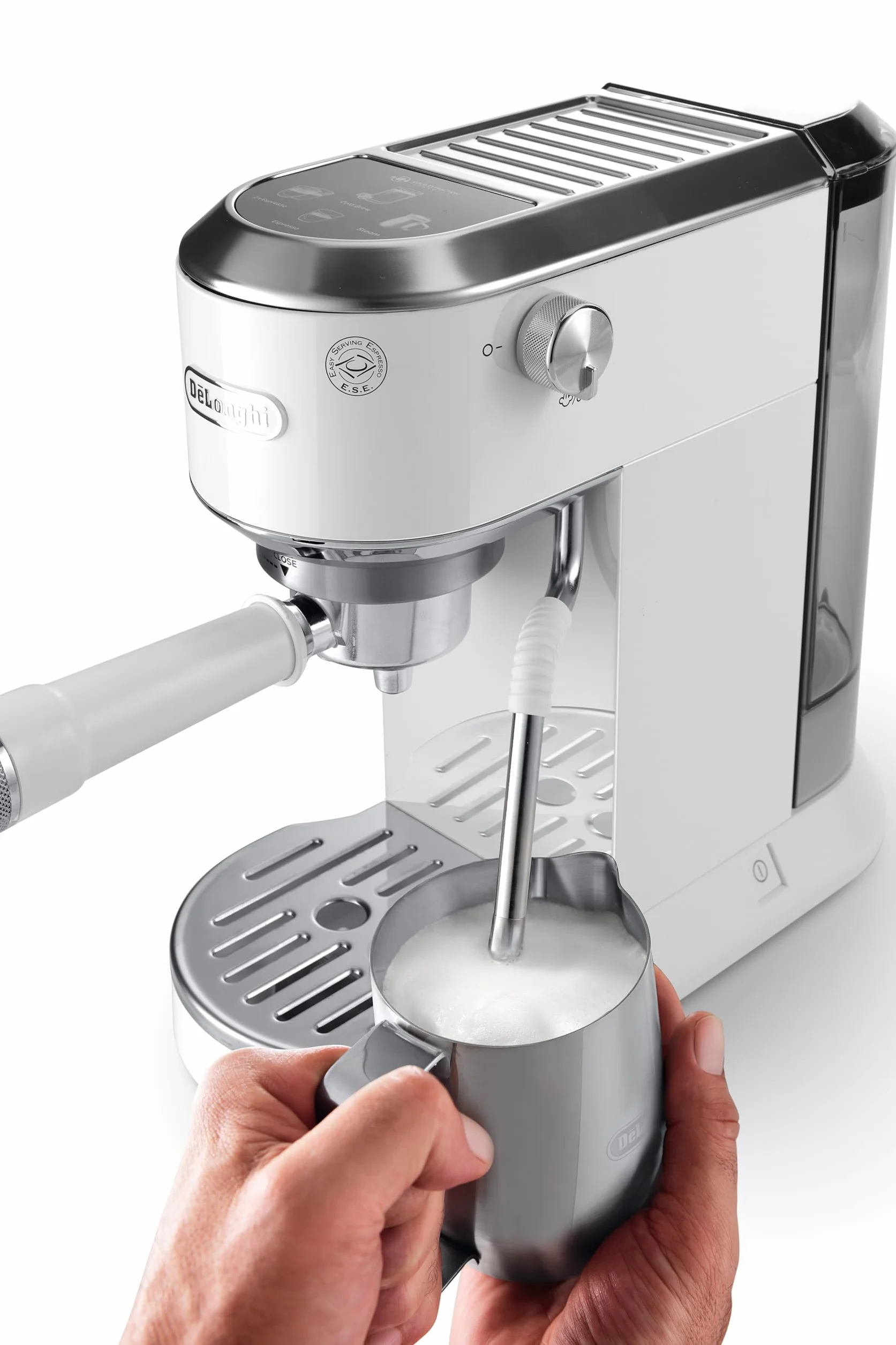 De'Longhi Dedica Duo EC890.WI ręczny ekspres do kawy espresso, cappuccino, cold brew, lanca parowa My LatteArt, wyświetlacz dotykowy, 15 cm, zbiornik 1,1 l, biały