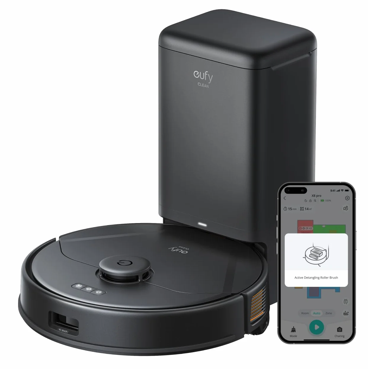Stacja samooczyszczania eufy Clean X8 Pro Robotic Vacuum, duża moc ssania Twin-Turbine 2 × 4000 Pa, szczotka Active Detangling Roller Brush i Nawigacja laserowa iPath