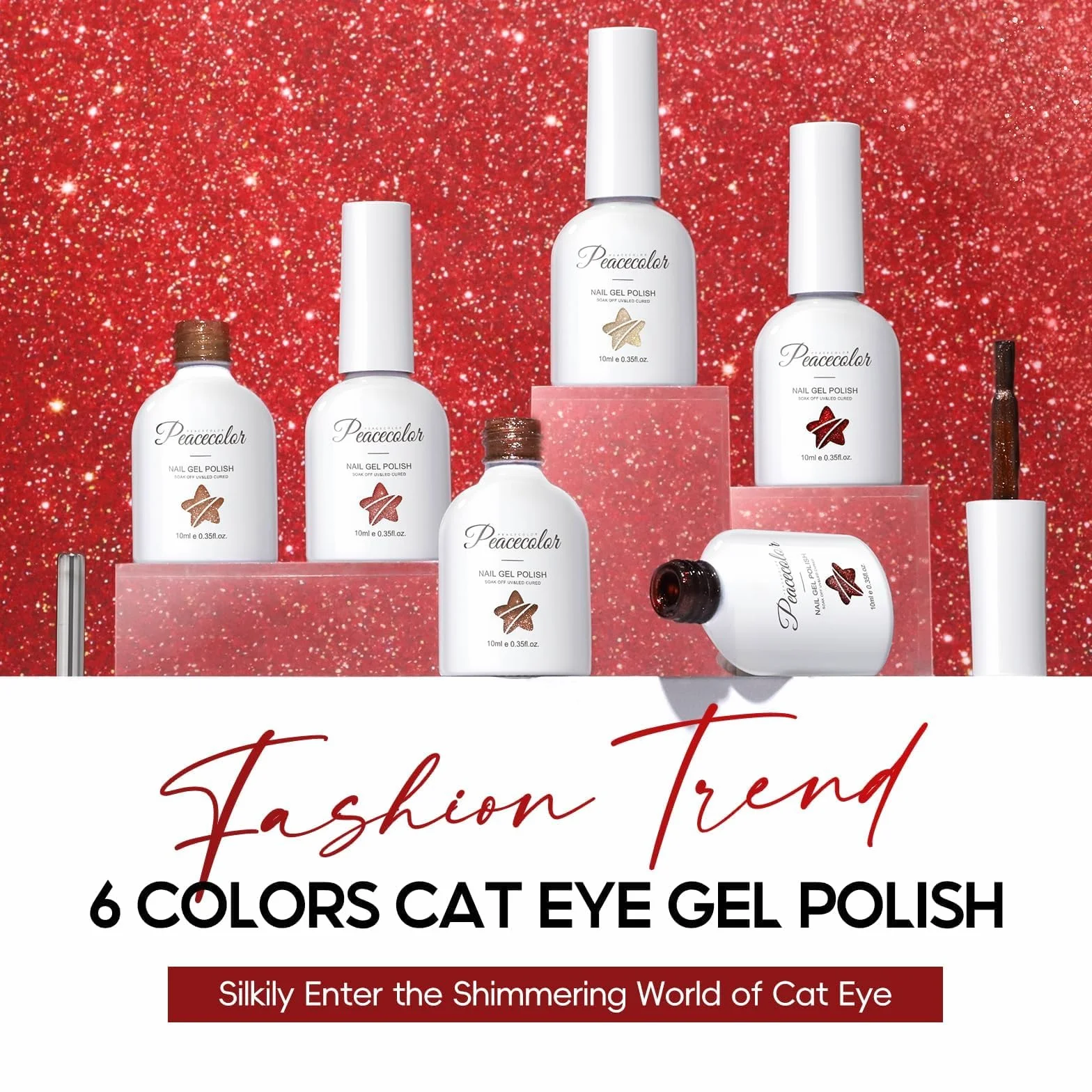 PEACECOLOR 6 sztuk lakieru do paznokci UV Cat Eye czerwony, lakier do paznokci UV z brokatem, żel Cat Eye z magnesem, manicure DIY 10 ml