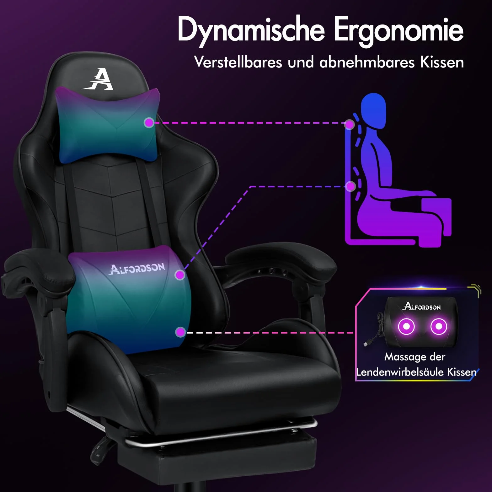 Fotel do masażu dla graczy ALFORDSON, fotel wyścigowy z zagłówkiem, ergonomiczny fotel biurowy, fotel rozkładany, składany podnóżek, oddychająca skóra PU, regulowana wysokość, nośność 180 kg, czarny