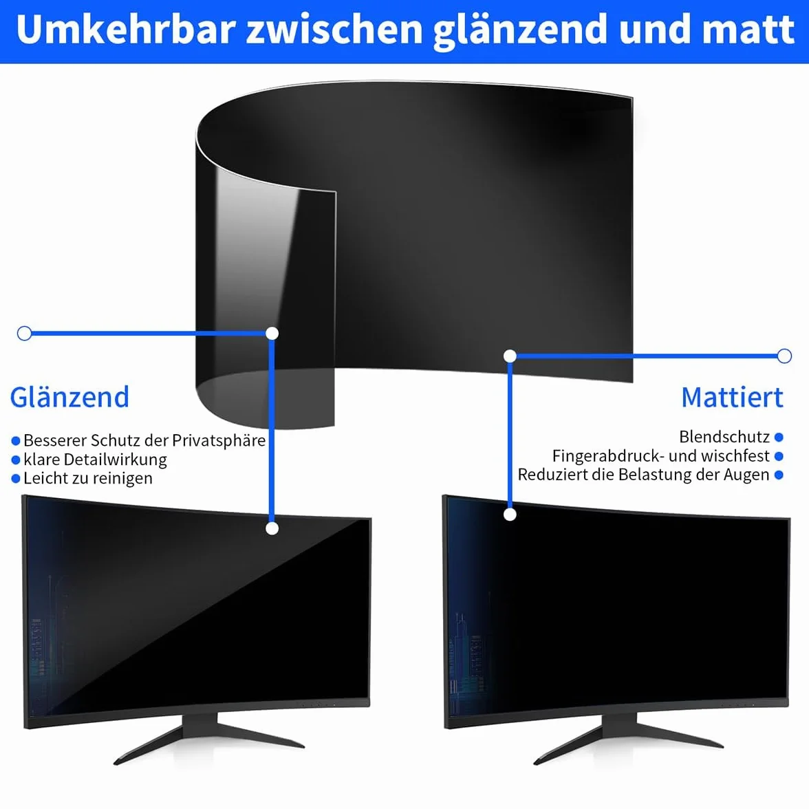 34-calowy filtr prywatności do monitorów panoramicznych 21:9, antyodblaskowy i redukcja niebieskiego światła, osłona prywatności, zakrzywiony ekran, folia chroniąca oczy do biura, domu i