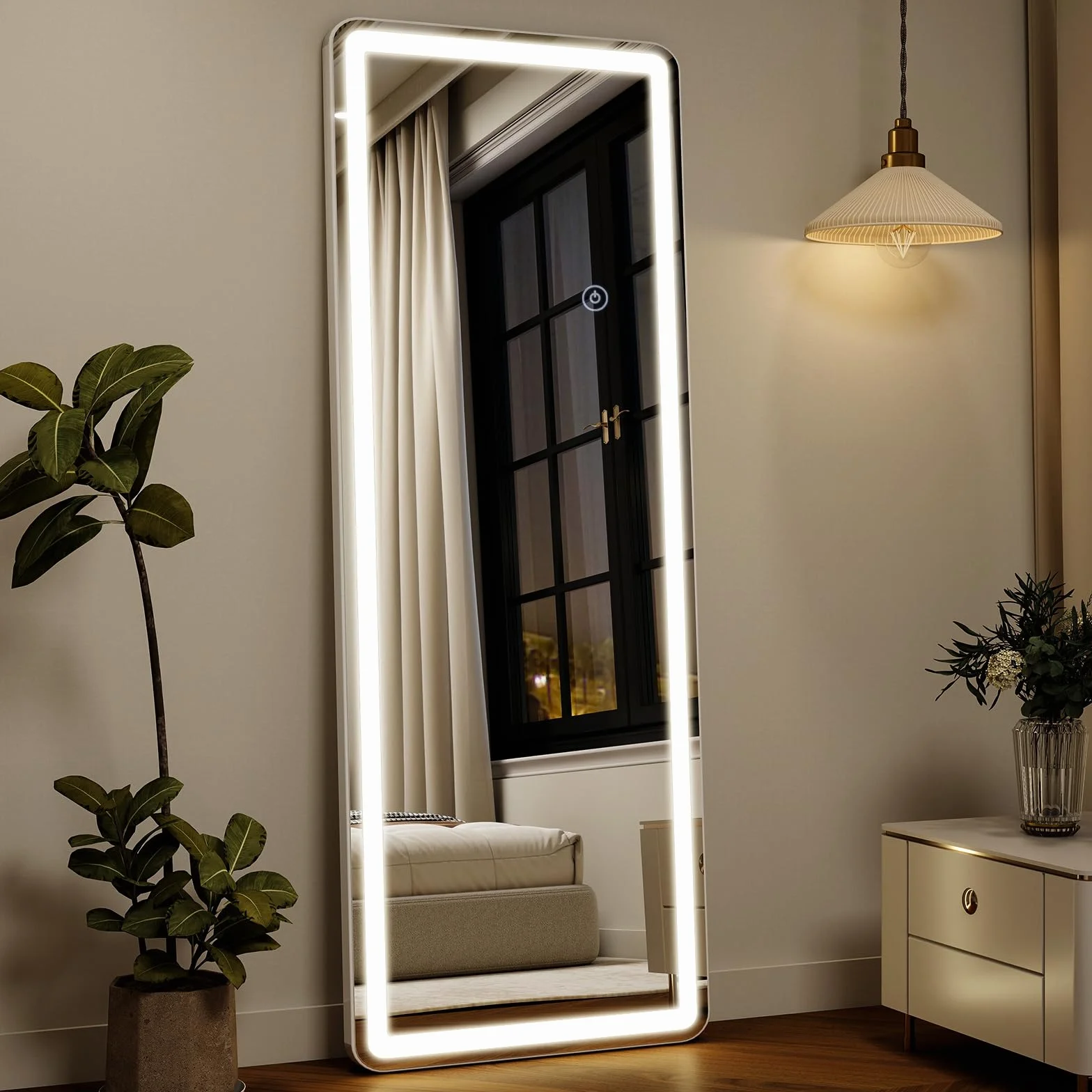 Koonmi Pełne lustro LED 164 x 60 cm z regulowaną jasnością i kolorami, ze wspornikiem, przyciskiem dotykowym, funkcją przeciwmgielną i pamięcią