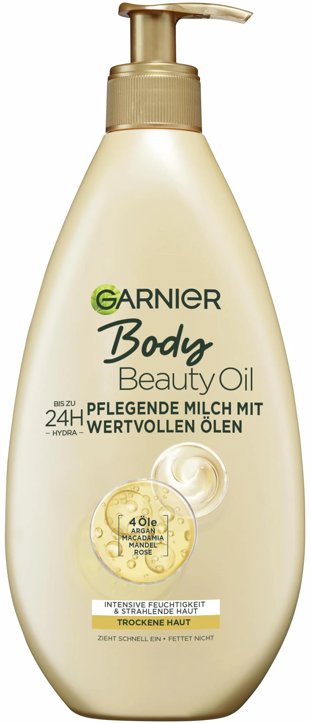 Garnier Odżywczy olejek mleczny/olejek do ciała z 4 cennymi olejami: argan, makadamia, migdały, róża, do suchej skóry - nie natłuszcza, nie klei się, Oil Beauty, 1 opakowanie - 400 ml