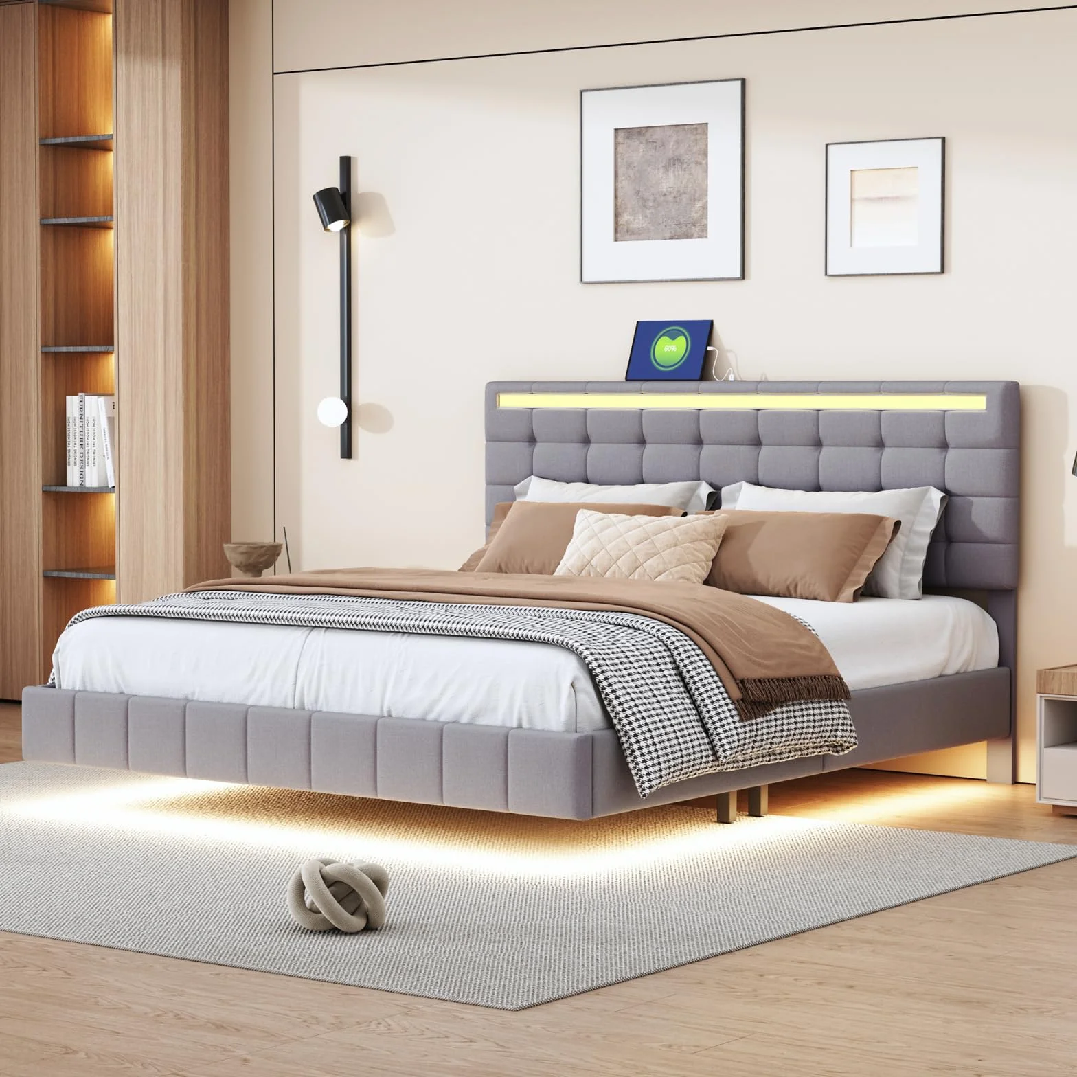 Łóżko tapicerowane 160x200 cm z oświetleniem LED i USB, szare
