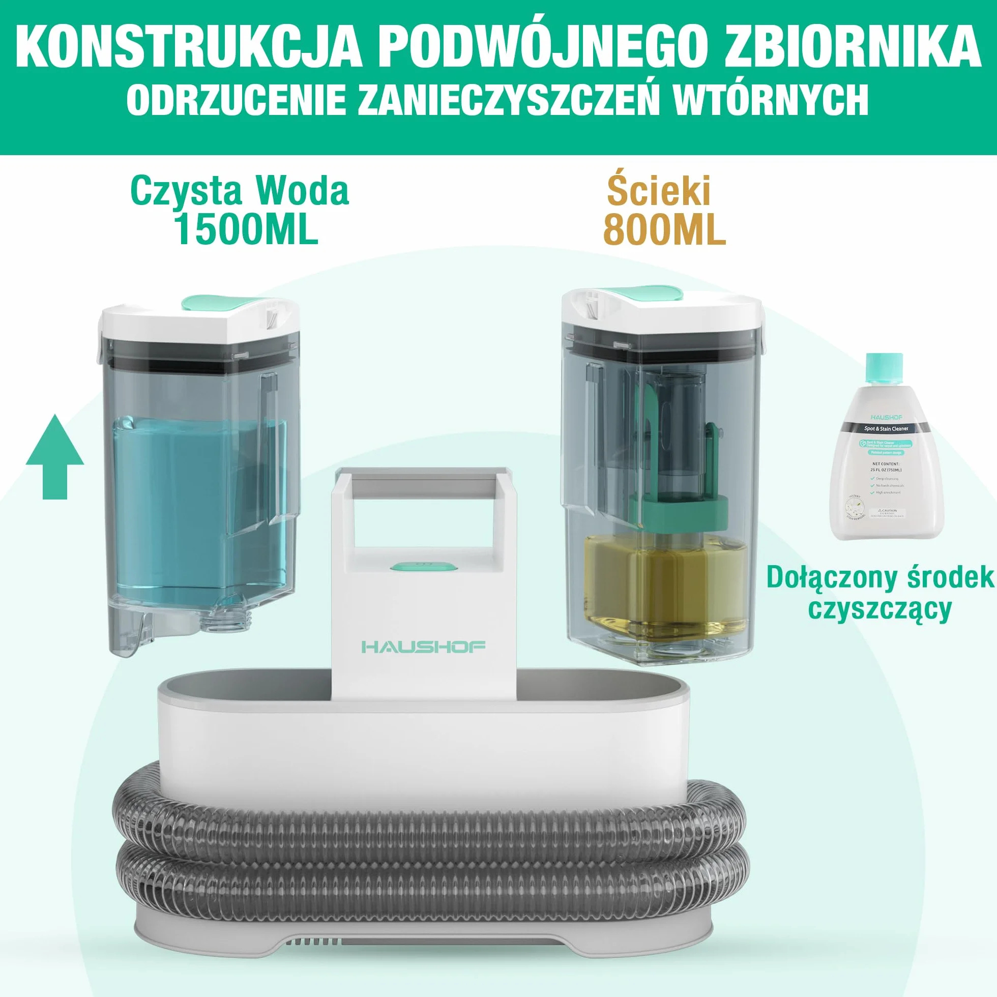 HAUSHOF StainZapper Pro odkurzacz do dywanów, 450 W, 12 kPa, środek do czyszczenia tapicerki, 1,5 + 0,8 l, ze środkiem czyszczącym i szczotką do fug, środek do czyszczenia dywanów, sof, tapicerki