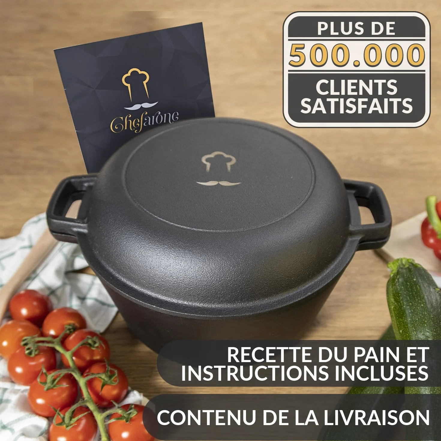 Chefarone Garnek Żeliwny 26 cm 4,6 l z Koszykiem do Wyrastania i Szpatułką