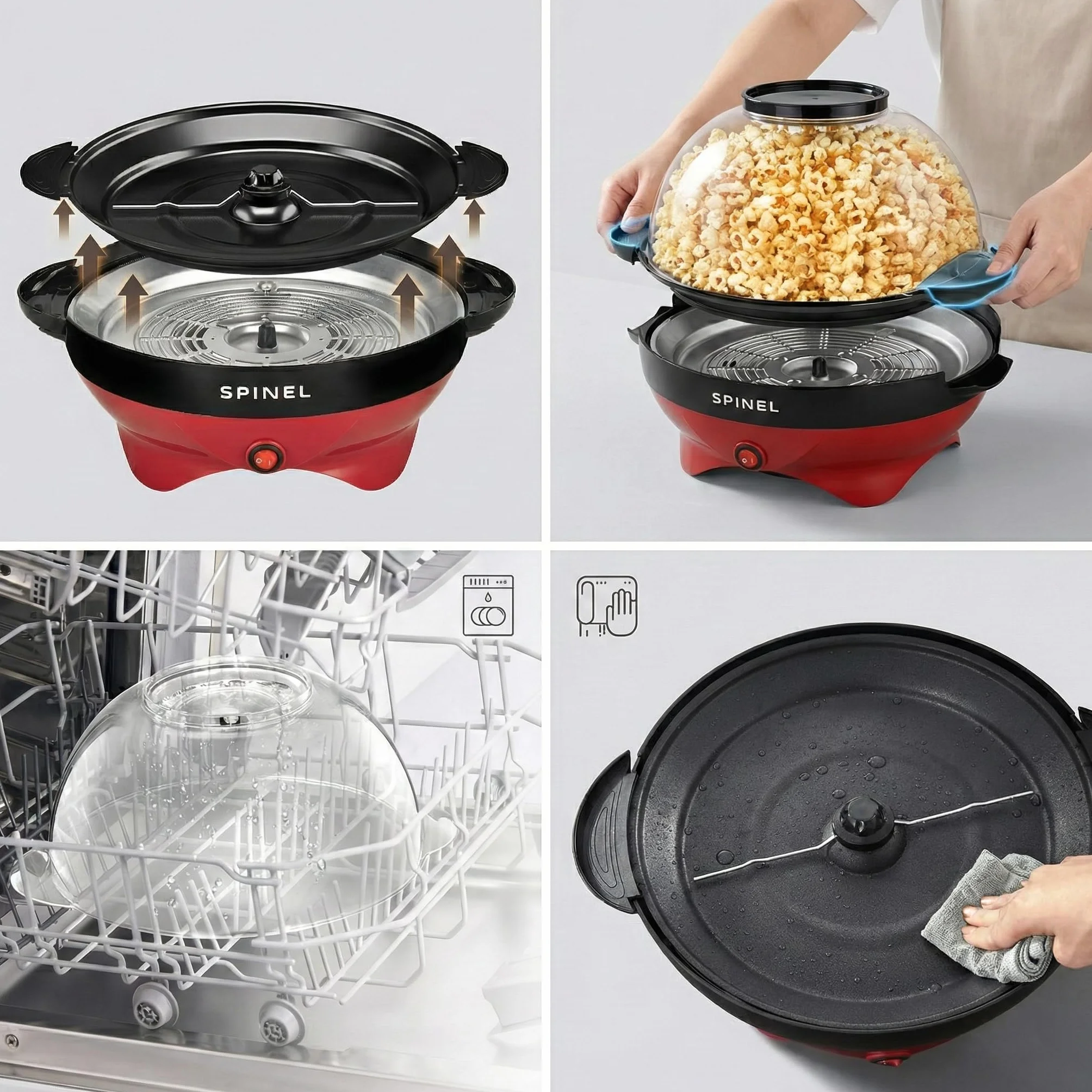 SPINEL Maszyna Do Robienia Popcornu, Urzędzenie do Popcornu z Cukrem, Olejem, Masłem o pojemności 5,5 l, Powłoka Nieprzywierająca, Zdejmowana Płyta, Cicha i Szybka