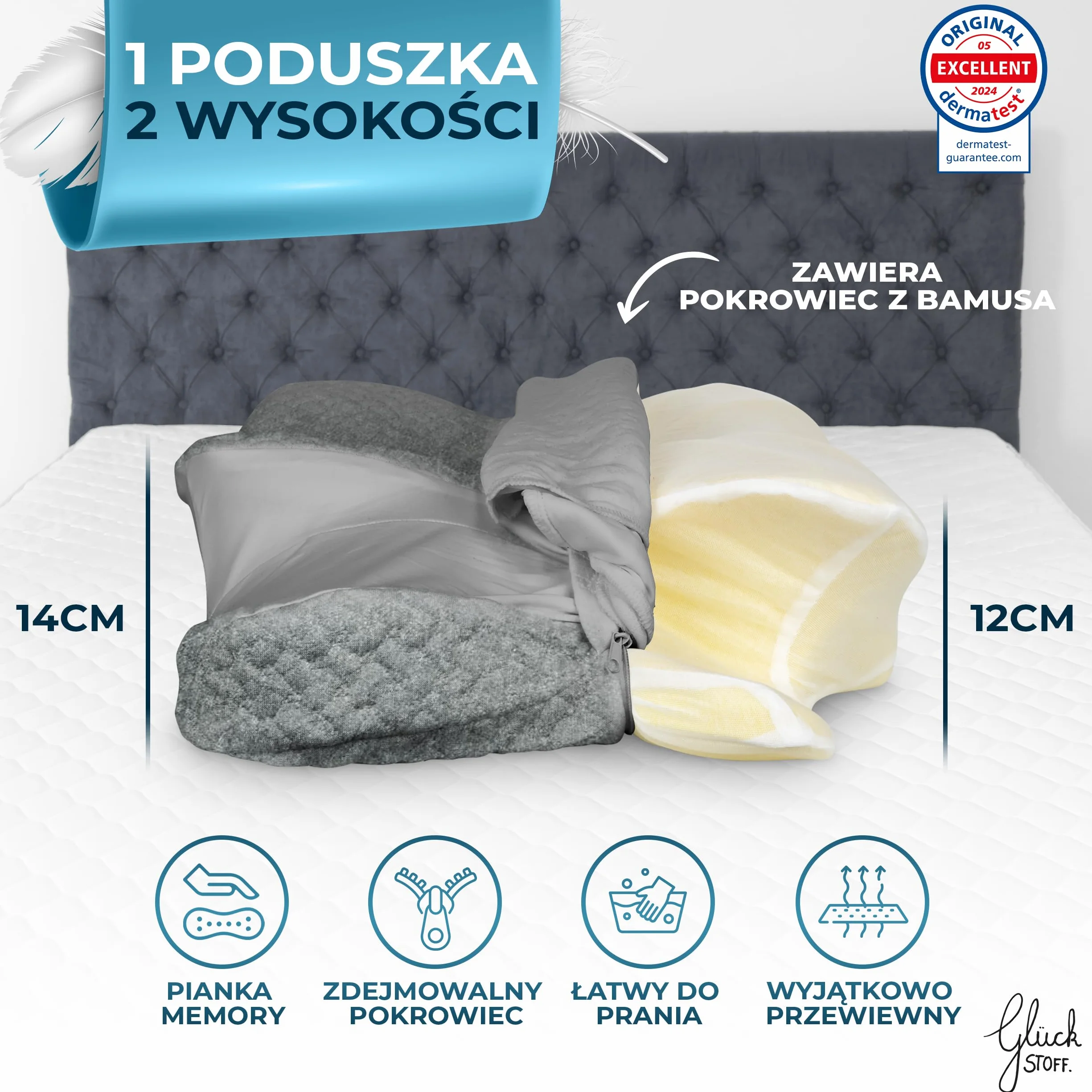 GLÜCKSTOFF Memory Foam Poduszka Ergonomiczna Miękka Oddychająca z Pokrowcem z Bambusa
