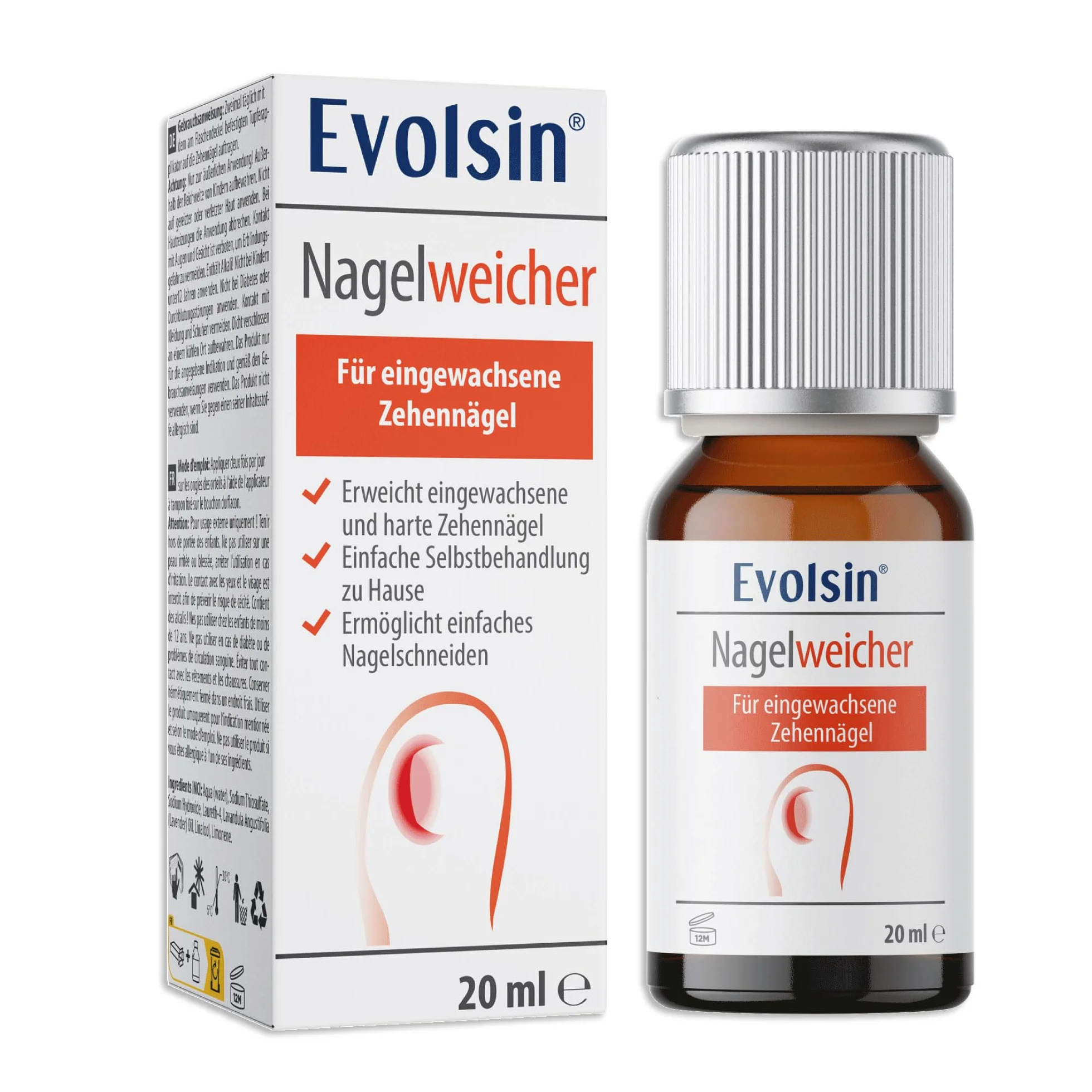 Evolsin Łagodnik do paznokci | delikatne i skuteczne rozwiązanie do wrastających paznokci u stóp | formuła alkaliczna do miękkich, elastycznych paznokci | łatwe zastosowanie z aplikatorem wacika
