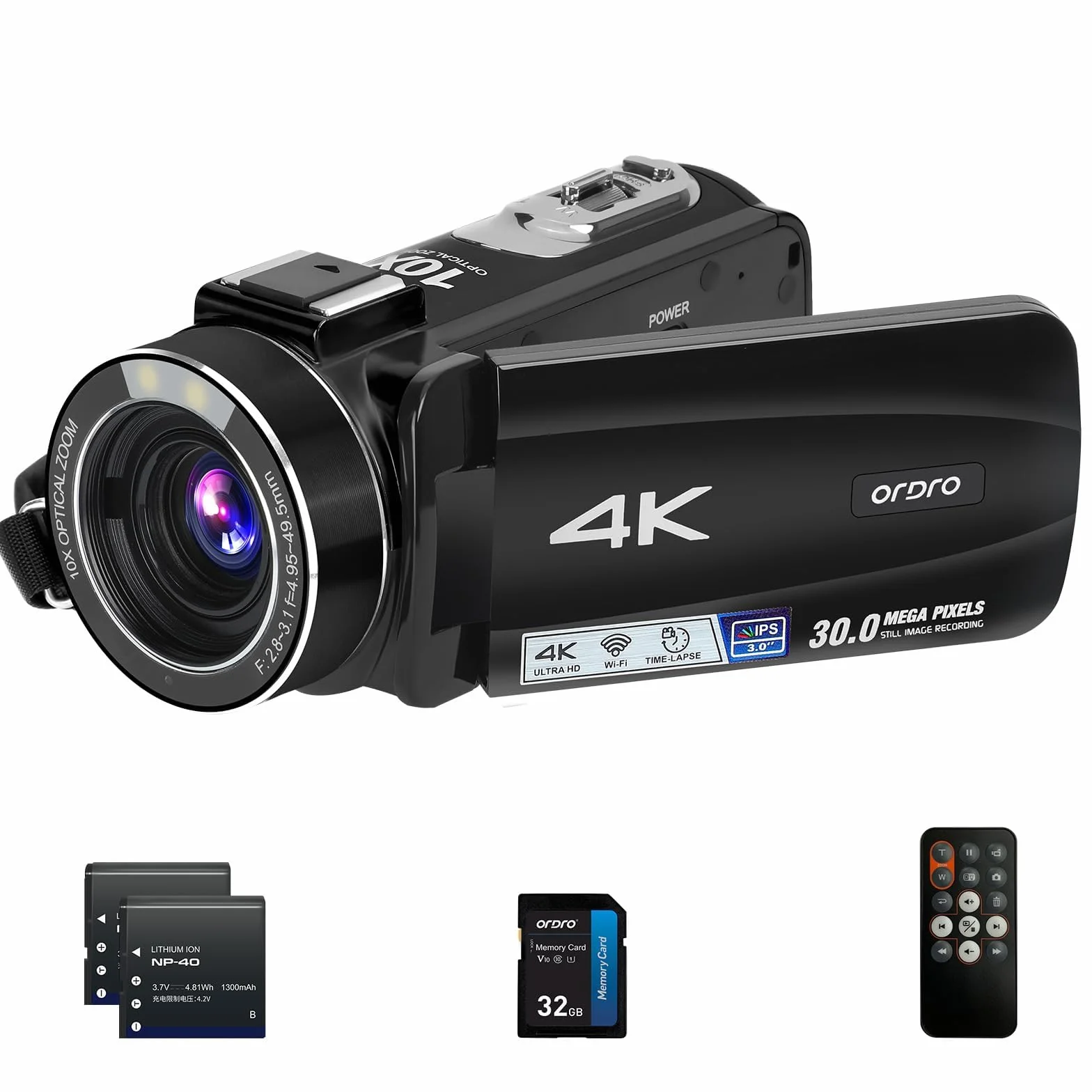 ORDRO Kamera wideo 4K Kamkorder Ultra HD z 10-krotnym zoomem optycznym i 120-krotnym zoomem cyfrowym, WiFi Vlogging automatyczne ustawianie ostrości kamery cyfrowe z kartą pamięci 32GB