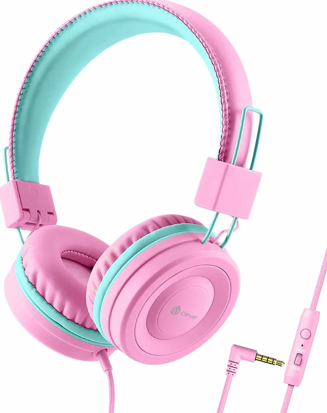 iClever Słuchawki audio, przewodowe słuchawki dla dzieci, regulowana opaska na głowę, dźwięk stereo, składane przewody rozplątane, gniazdo pomocnicze 3,5 mm, 85/94 DB ograniczona głośność (różowy)