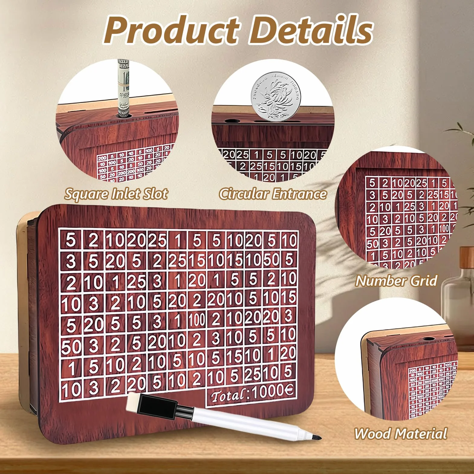 Flintronic Drewniana skarbonka w stylu retro z licznikiem i bramką oszczędnościową, skarbonka wielokrotnego użytku z różnymi ilościami naklejek dla dorosłych i dzieci