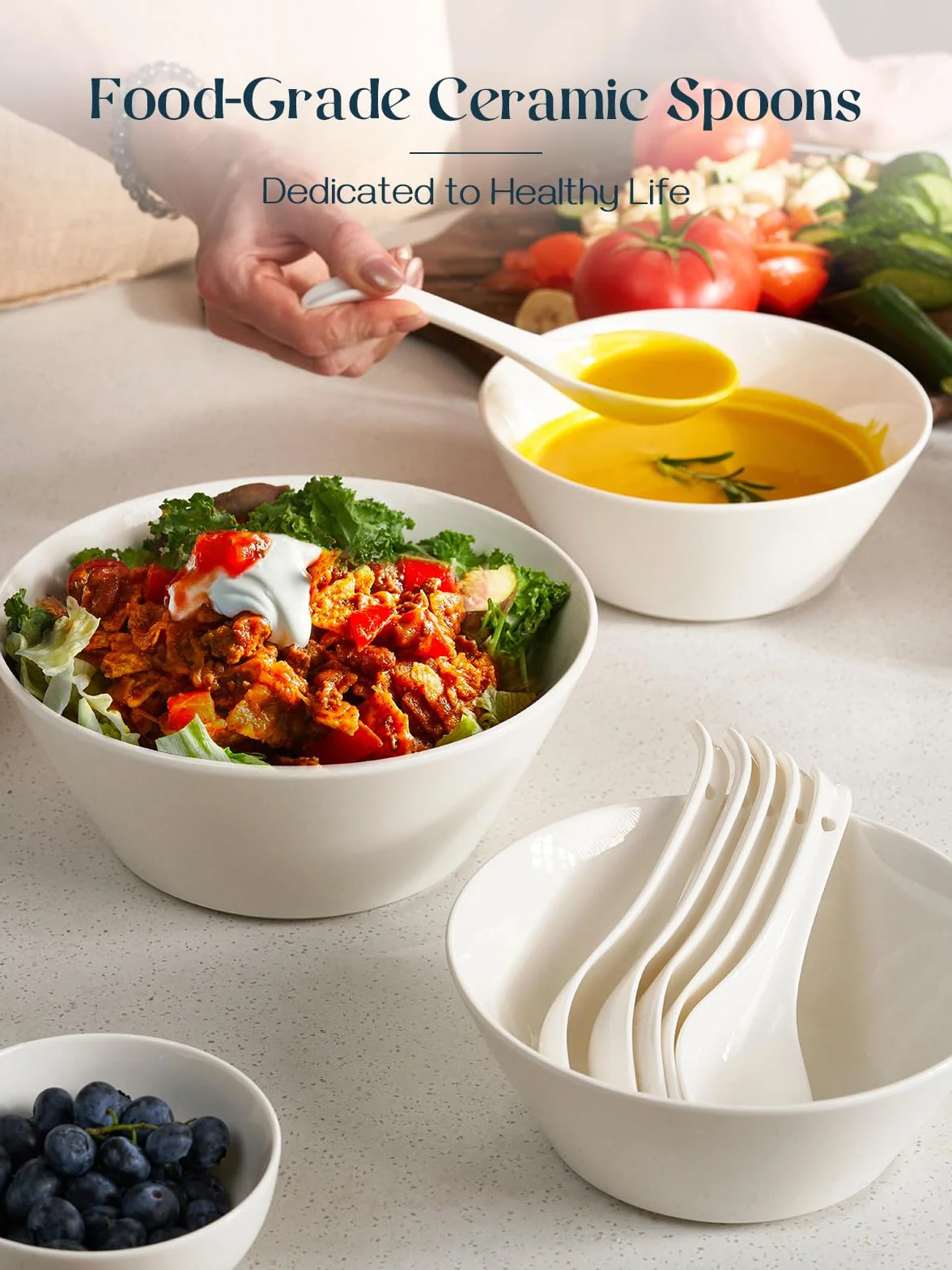 DOWAN Ceramiczne Łyżki do Zupy Azjatyckie Duże Zestaw 6 szt Ramen Pho Wonton