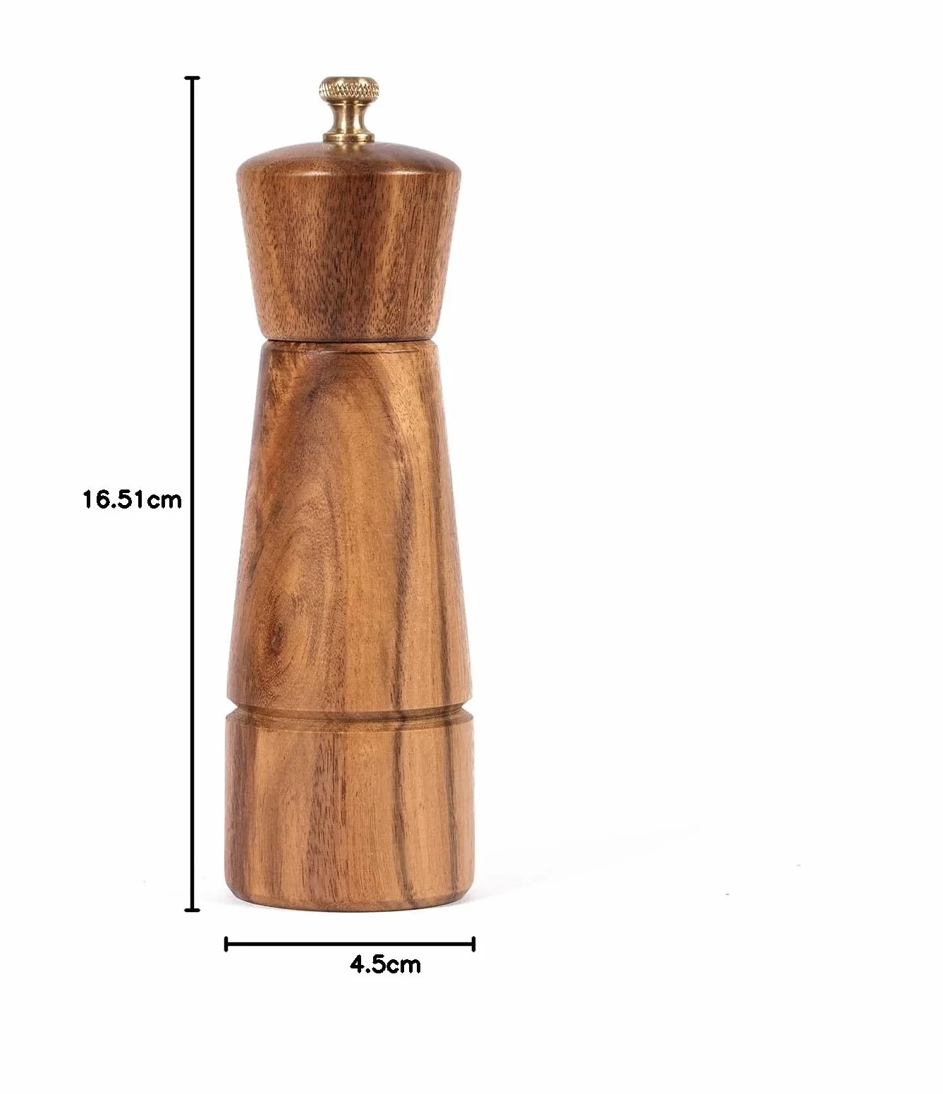Młynek do pieprzu DeroTeno, regulowany mechanizm ze stali nierdzewnej do mielenia pieprzu, drewno akacji, wysokość 16,5 cm, średnica dolnej części: 5 cm (podstawka NIE wchodzi w skład zestawu)