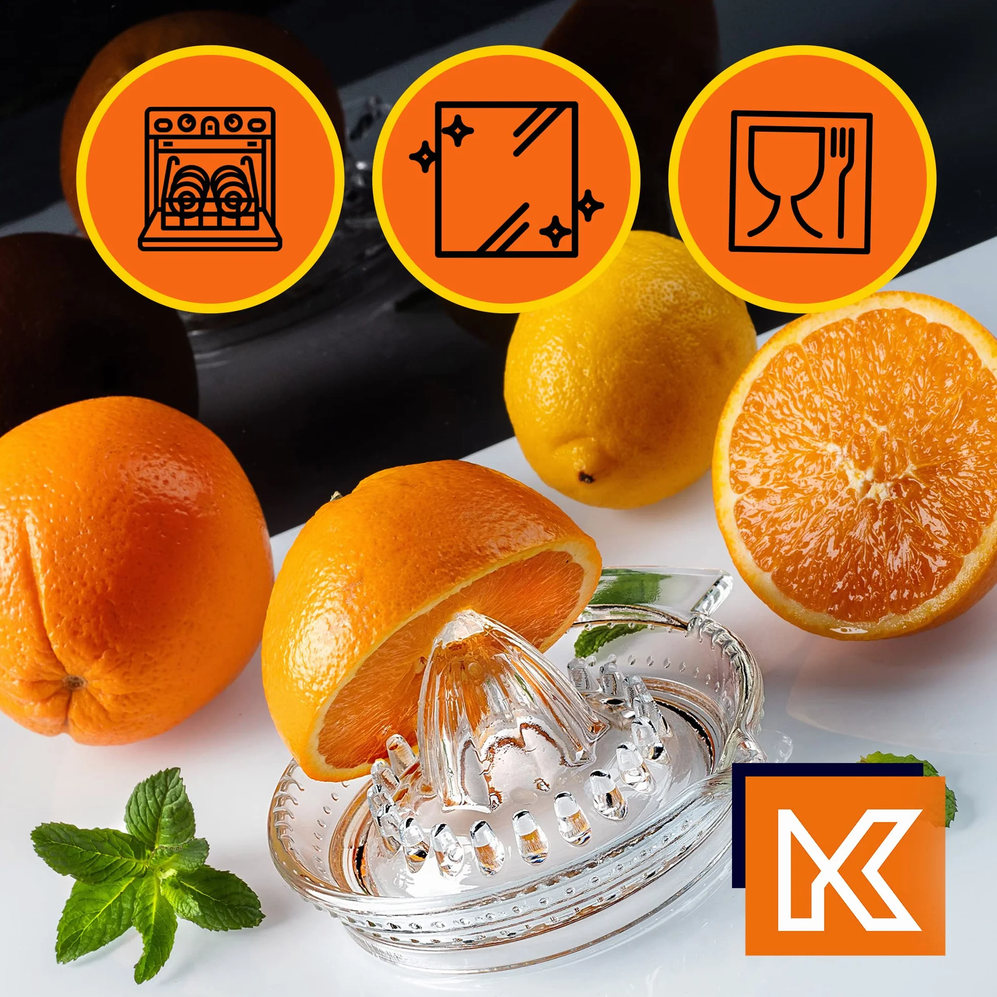 KADAX Ręczna wyciskarka do cytrusów z dzióbkiem, szklana, do cytryn, limonek i pomarańczy, wylewanie bez rozchlapywania, nie pochłania zapachów, do zmywarki