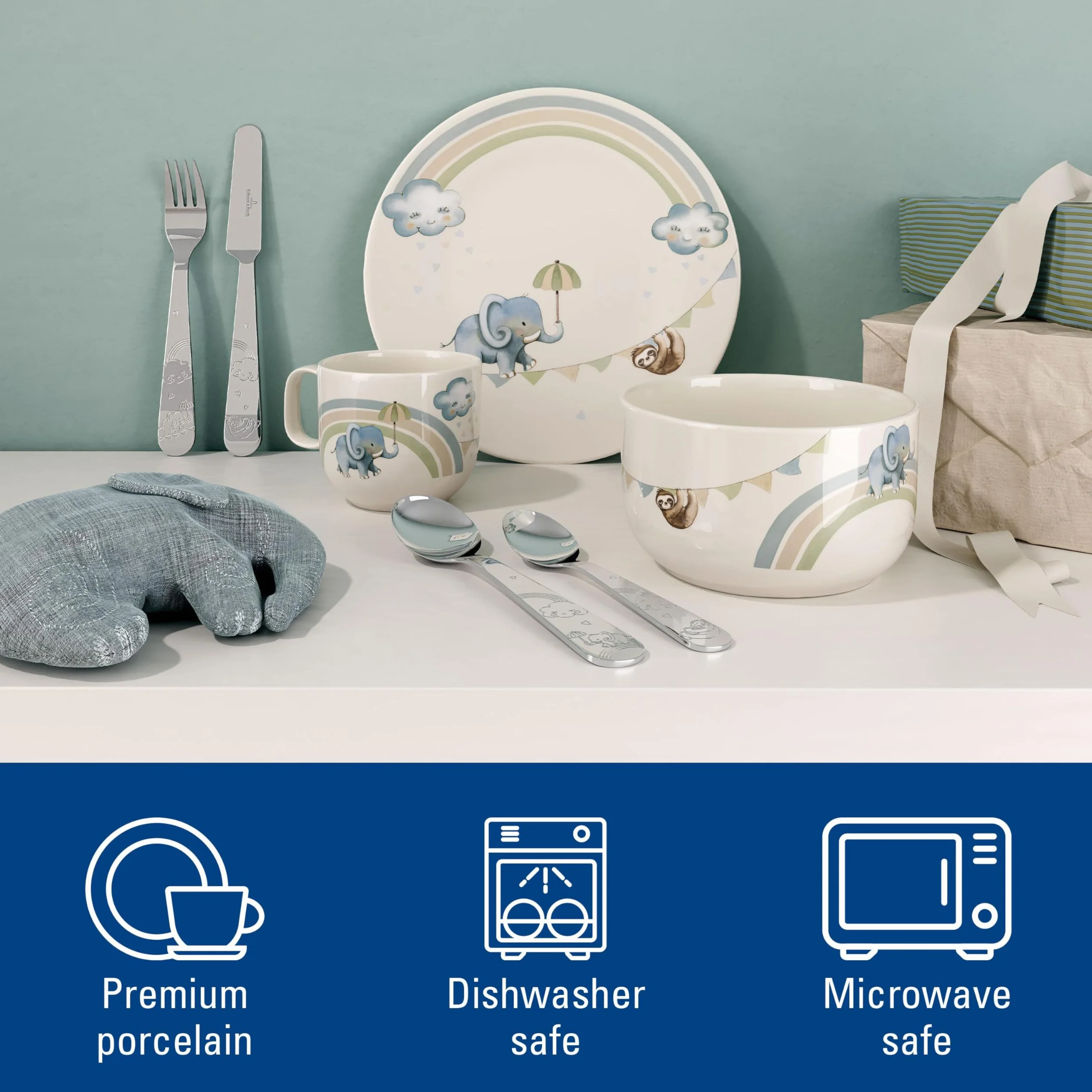 Villeroy & Boch - Boho kids "Walk like an elephant" Komplet naczyń dla dzieci 7 szt.,z porcelany i sztućce ze stali nierdzewnej, Nadaje się do kuchenki mikrofalowej i zmywarki, Wielokolorowy