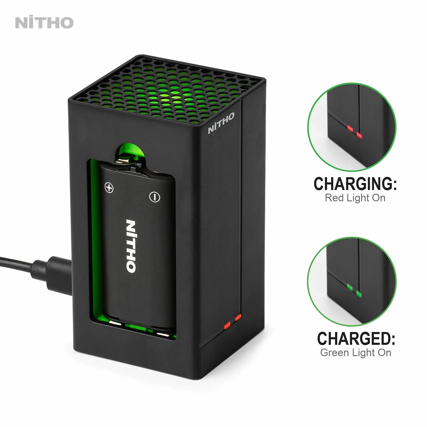 NiTHO stacja ładująca kompatybilna z konsolą Xbox One/Xbox Series X/S kontroler, 2 akumulatory w zestawie, kompaktowa stacja ładująca z zielonymi światłami otoczenia i diodami LED stanu ładowania
