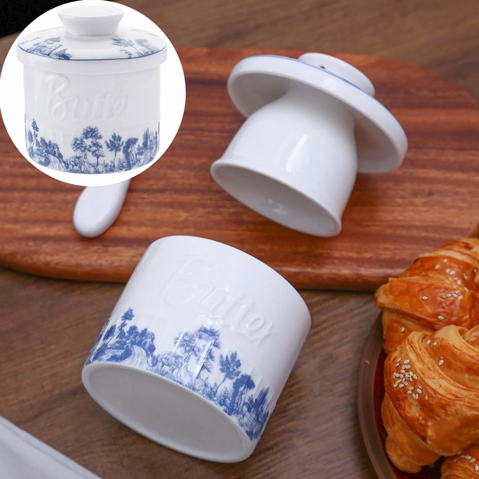 Francuska ceramiczna maselniczka okrągła porcelana vintage z pokrywką
