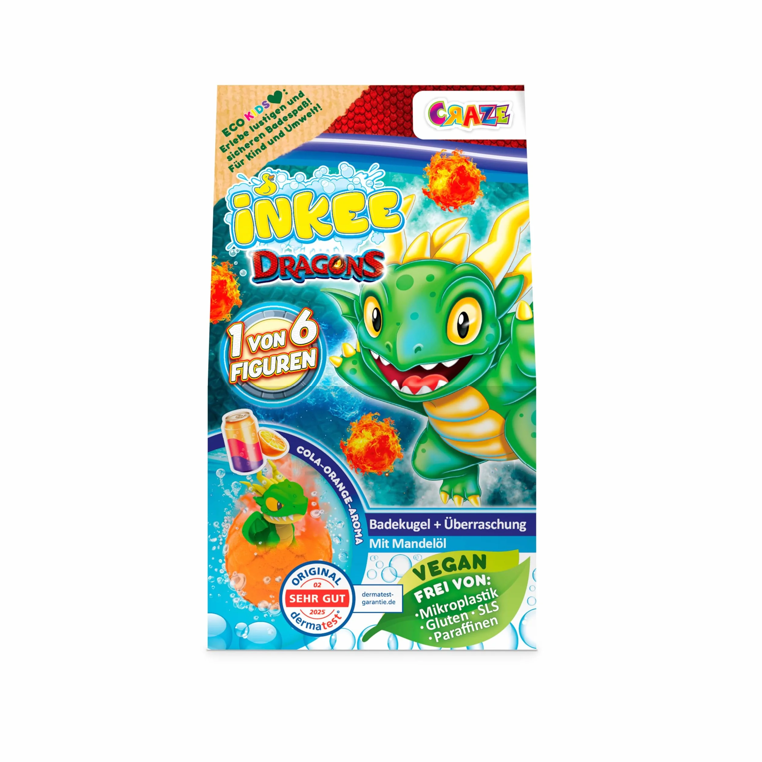 INKEE Surprise Dragons – Bomba do Kąpieli dla Dzieci z Niespodzianką, Figurką Smoka w Środku – Kula do Kąpieli z Aromatem Cola-Pomarańcza – Kule do Kąpieli z Niespodzianką (1x100g)