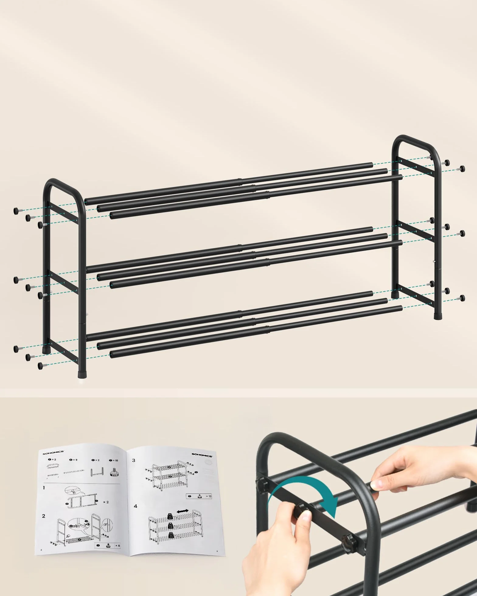 SONGMICS Rozkładany stojak na buty metalowy 3 poziomy atramentowy czarny LMR036BD01