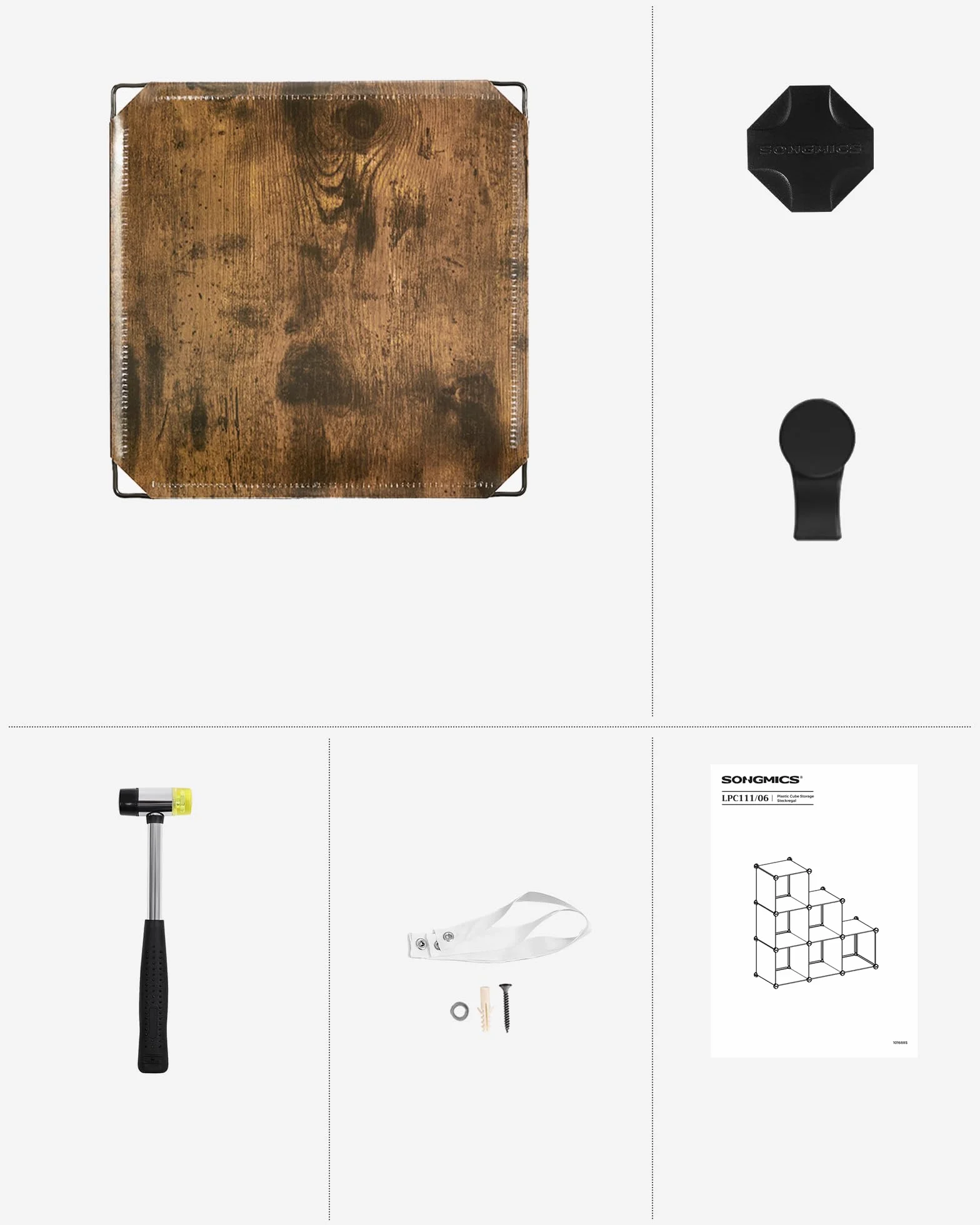 SONGMICS 6-komorowy modułowy regał modułowy plastikowy organizer z nogami na buty sześcian 30 x 30 x 30 cm salon sypialnia gabinet gumowy młotek rustykalny brązowy LPC111A01