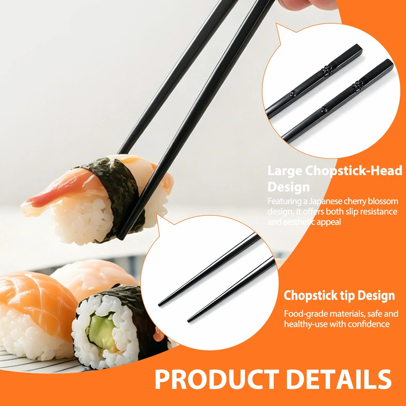Japońskie pałeczki do sushi z włókna szklanego 23 cm antypoślizgowe czarne 5 par