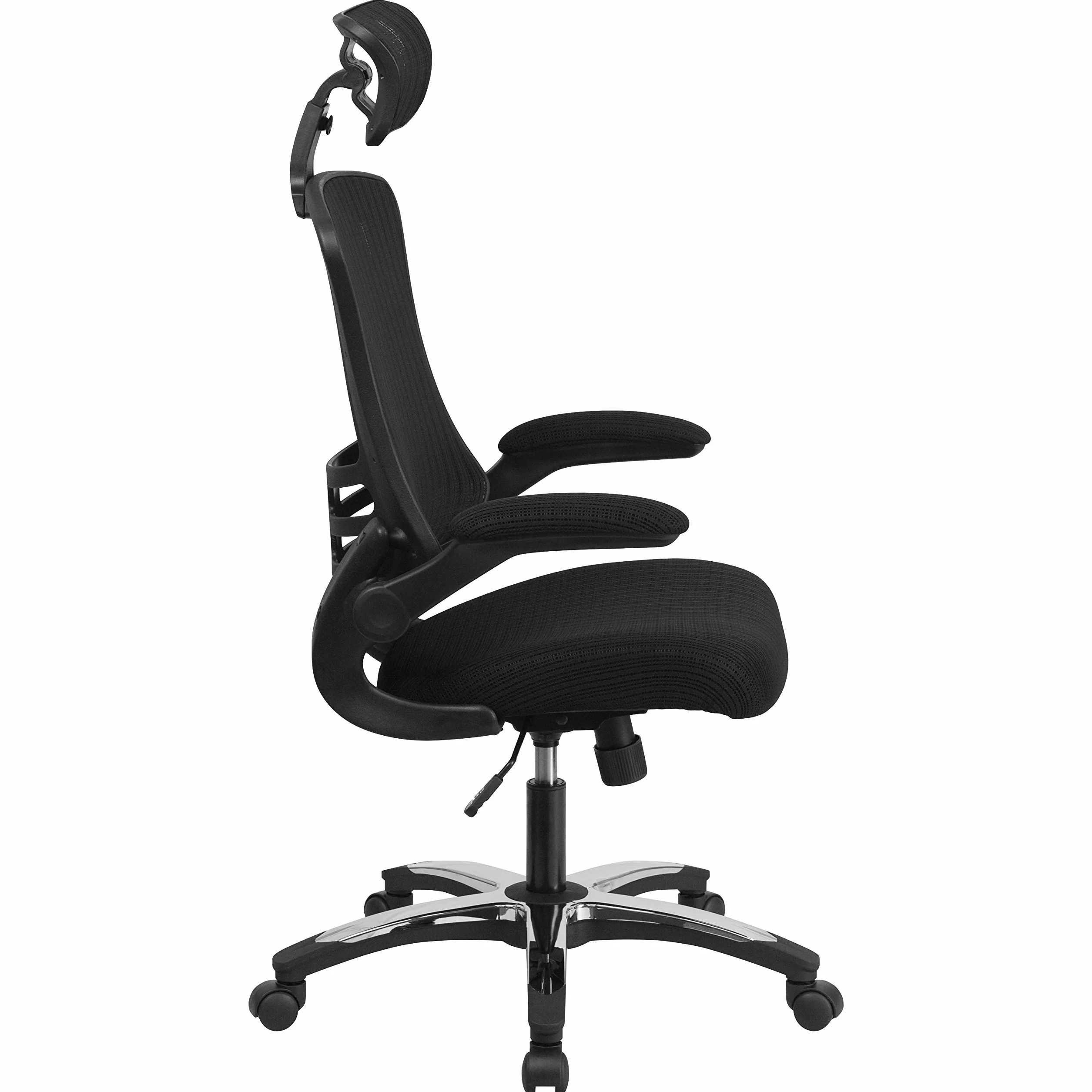 Ergonomiczne, obrotowe krzesło biurowe z wysokim oparciem z siatki, podnoszonymi podłokietnikami i regulowanym zagłówkiem (czarne)