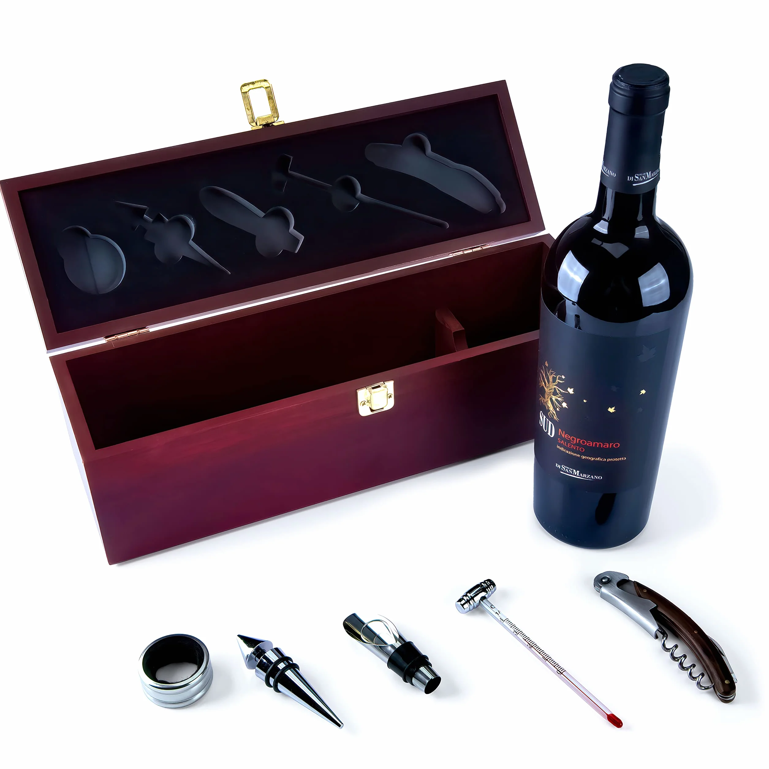 Skrzynka na wino zestaw sommelierski zestaw upominkowy drewniana skrzynka na butelkę wina z akcesoriami dla miłośników wina; drewniana skrzynka w kolorze mahoniu 6 szt.