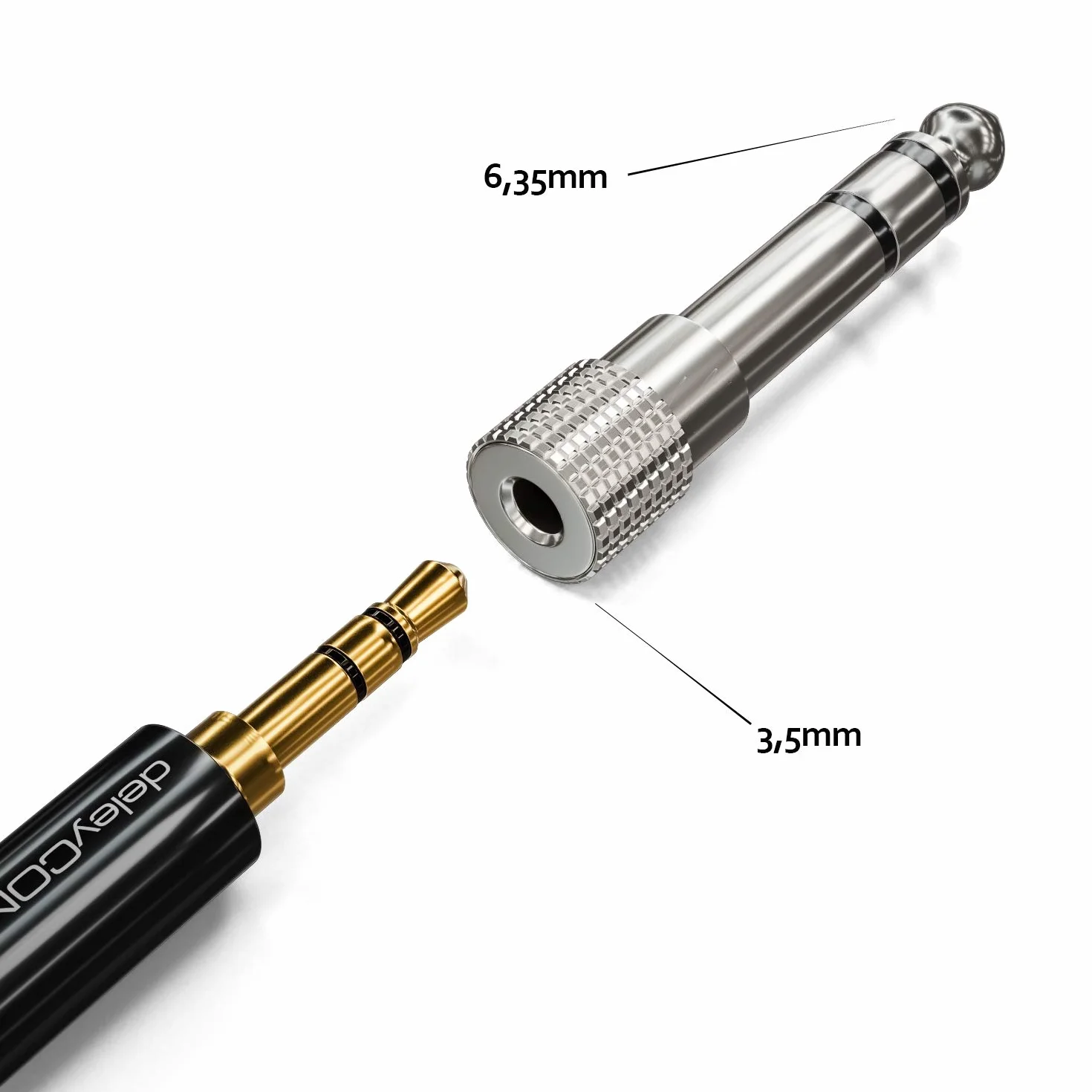 deleyCON 2x Adapter Audio Stereo Jack - Wtyk 6,3 mm na Gniazdo 3,5 mm - Adapter HiFi do Amplitunera, Kina Domowego, Słuchawek - Srebrny
