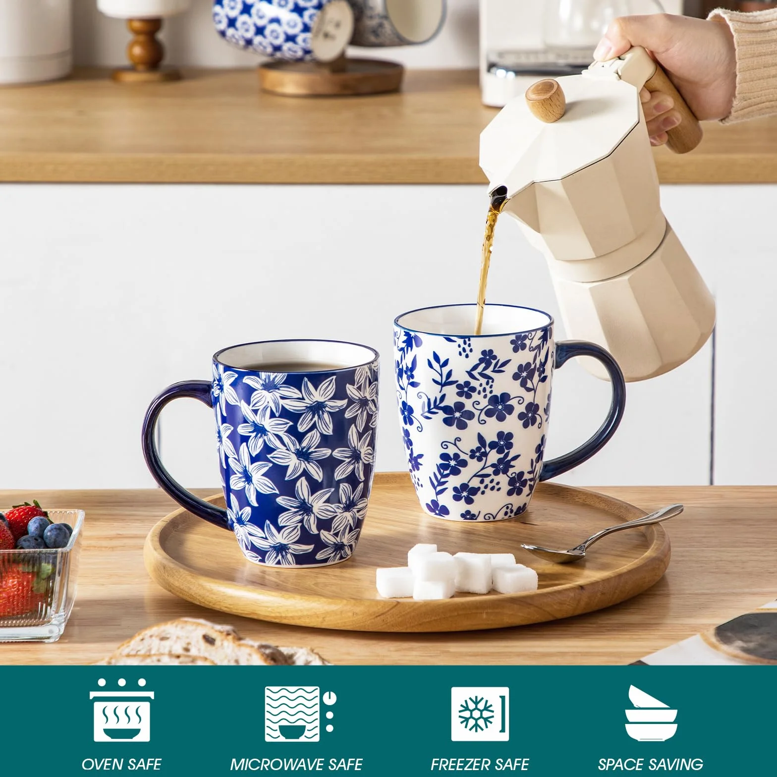 Vancasso Zestaw 6 kubków Selene 480 ml ceramiczne filiżanki do kawy vintage niebiesko-biały
