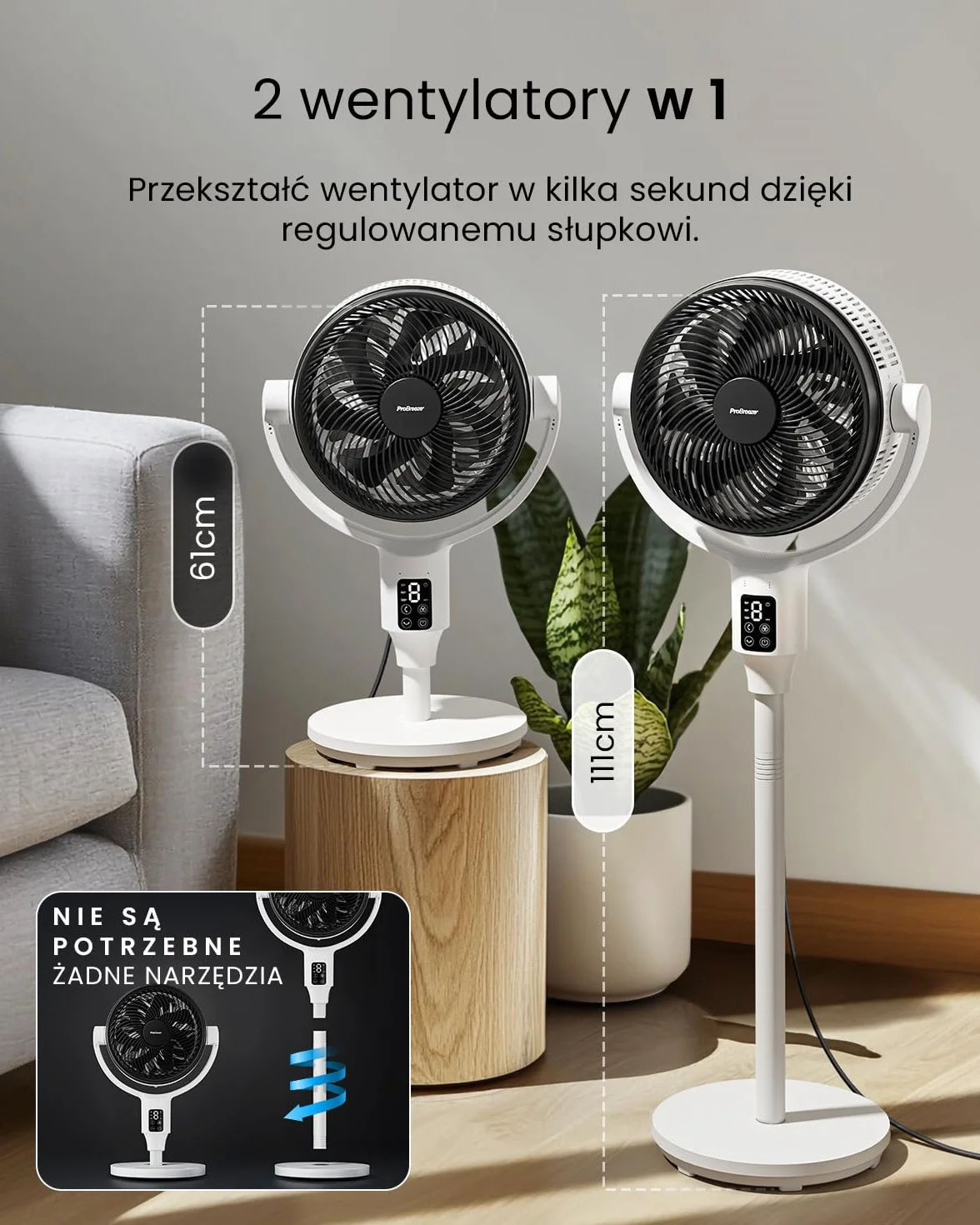 Pro Breeze AirFlo 111 cm wentylator stojący hybrydowy cichy 29 dB LED aplikacja pilot