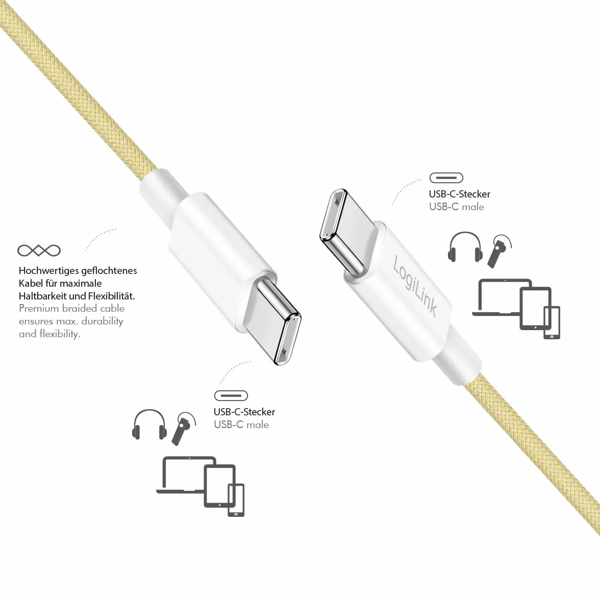 Logilink Kabel przyłączeniowy USB 2.0 typu C, C (wtyczka) do C (wtyczka) z nylonową powłoką, 60 W, żółty, 0,5 m