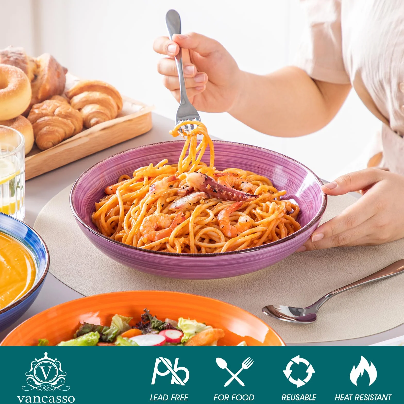 Vancasso Miseczki do Zupy z Kamionki Zestaw 6 Sztuk 1500 ml Głębokie Talerze do Spaghetti