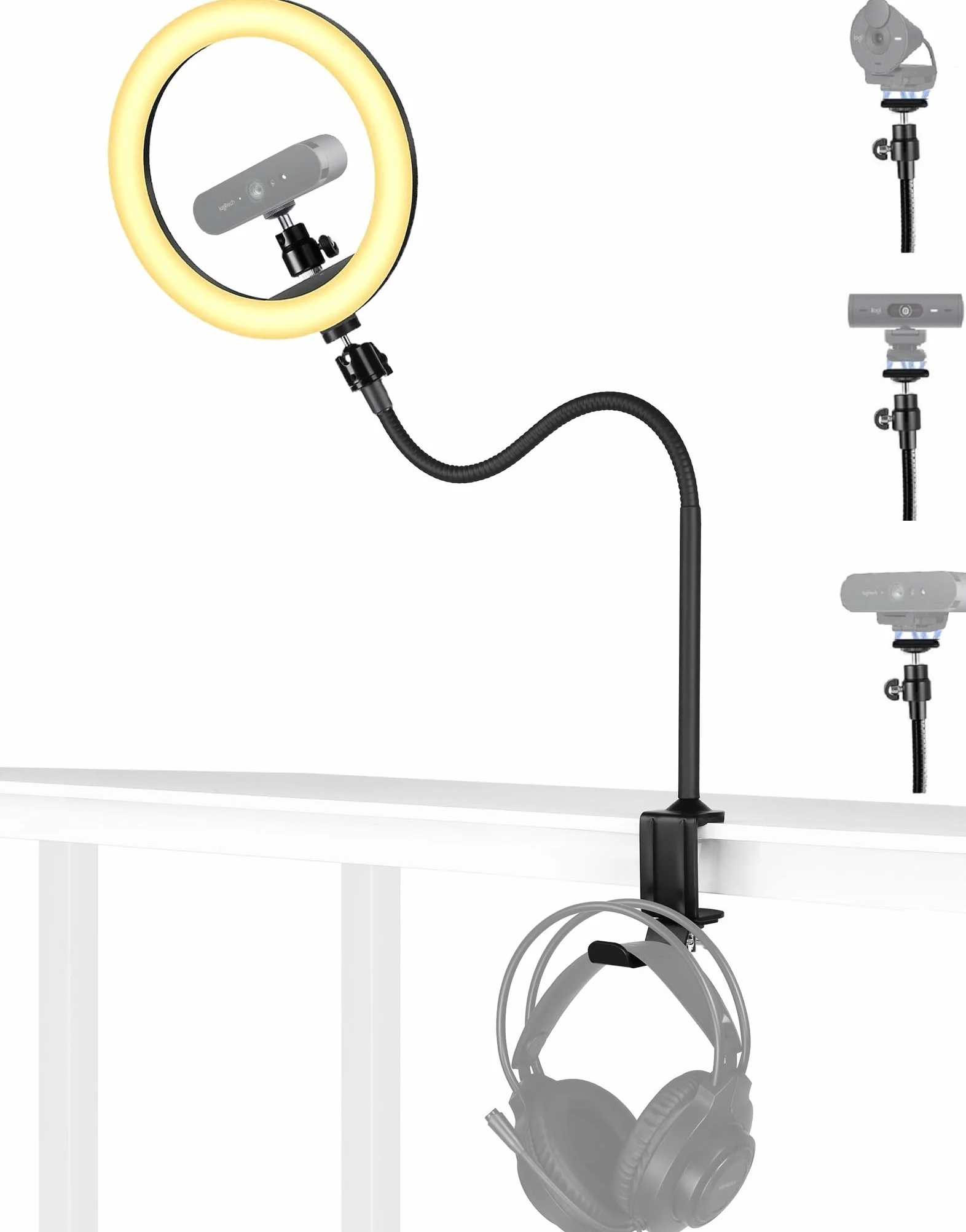 Brio stojak na lampę do selfie, składany uchwyt 61 cm i lampa pierścieniowa 26 cm z haczykiem na słuchawki, kompatybilny z kamerami internetowymi Logitech Brio 4K, 100 101, 300, 500, C270, C310, C505