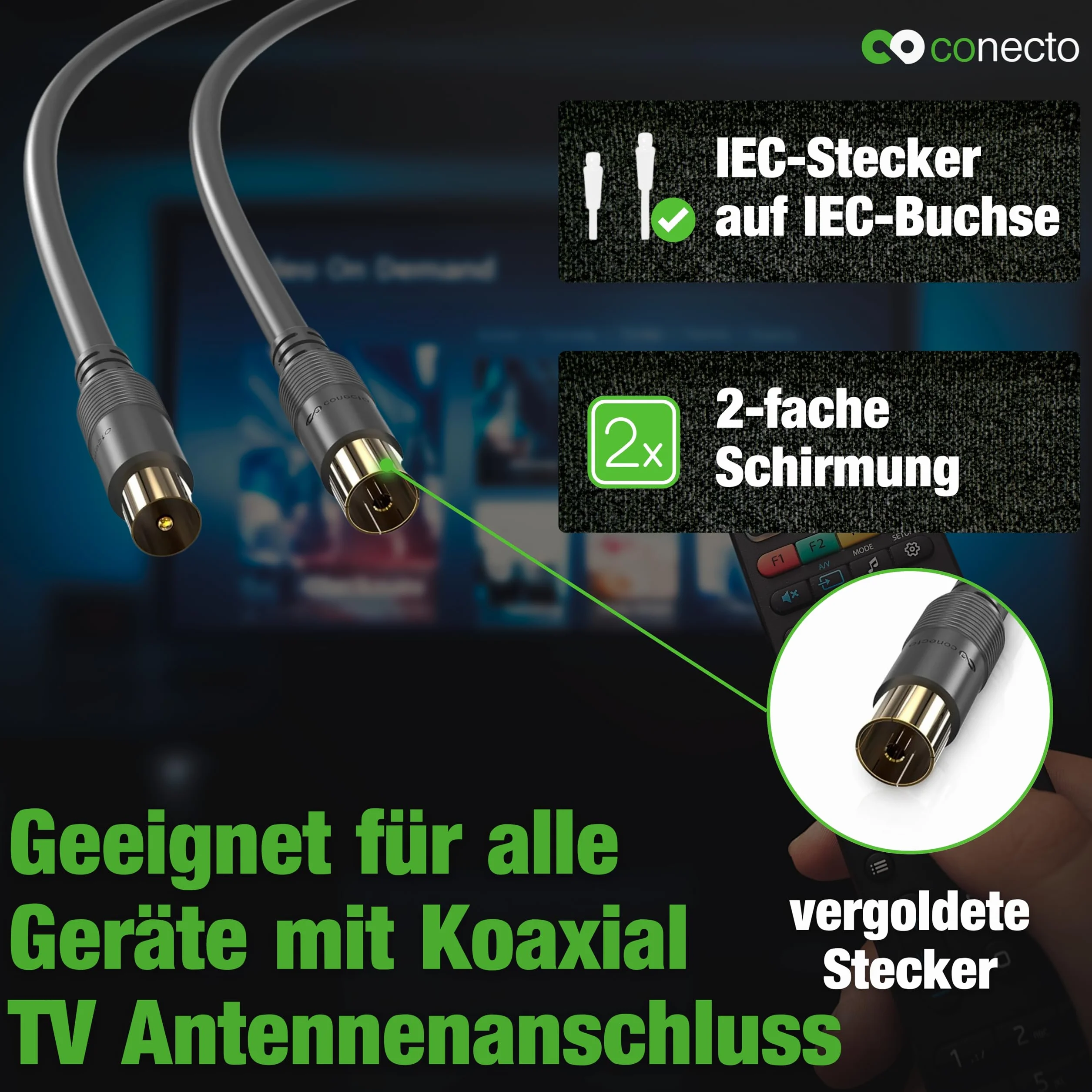 conecto Kabel antenowy SAT Kabel koncentryczny, 2,00 m, podwójny ekranowany kabel satelitarny, złącze IEC do złącza IEC żeńskie, do HDTV, odbiornika, satelity, DAB, radia, czarny