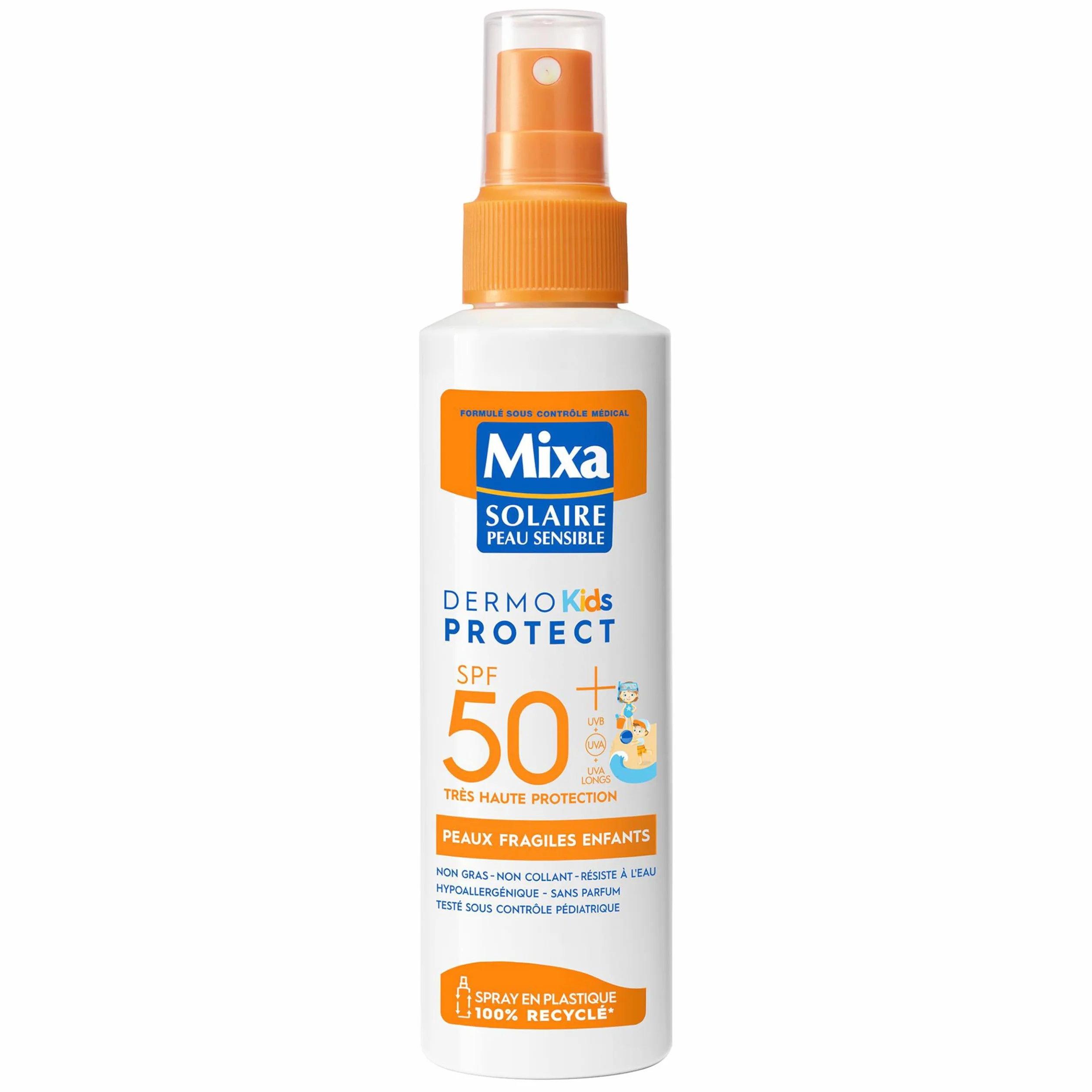 Mixa Ochrona przeciwsłoneczna do skóry wrażliwej, bardzo wysoka ochrona SPF50+ UVA, długa UVA, UVB - delikatna skóra dla dzieci - Wodoodporny - Przeciwpiaskowy - Hipoalergiczny, Bezzapachowy - 150ml