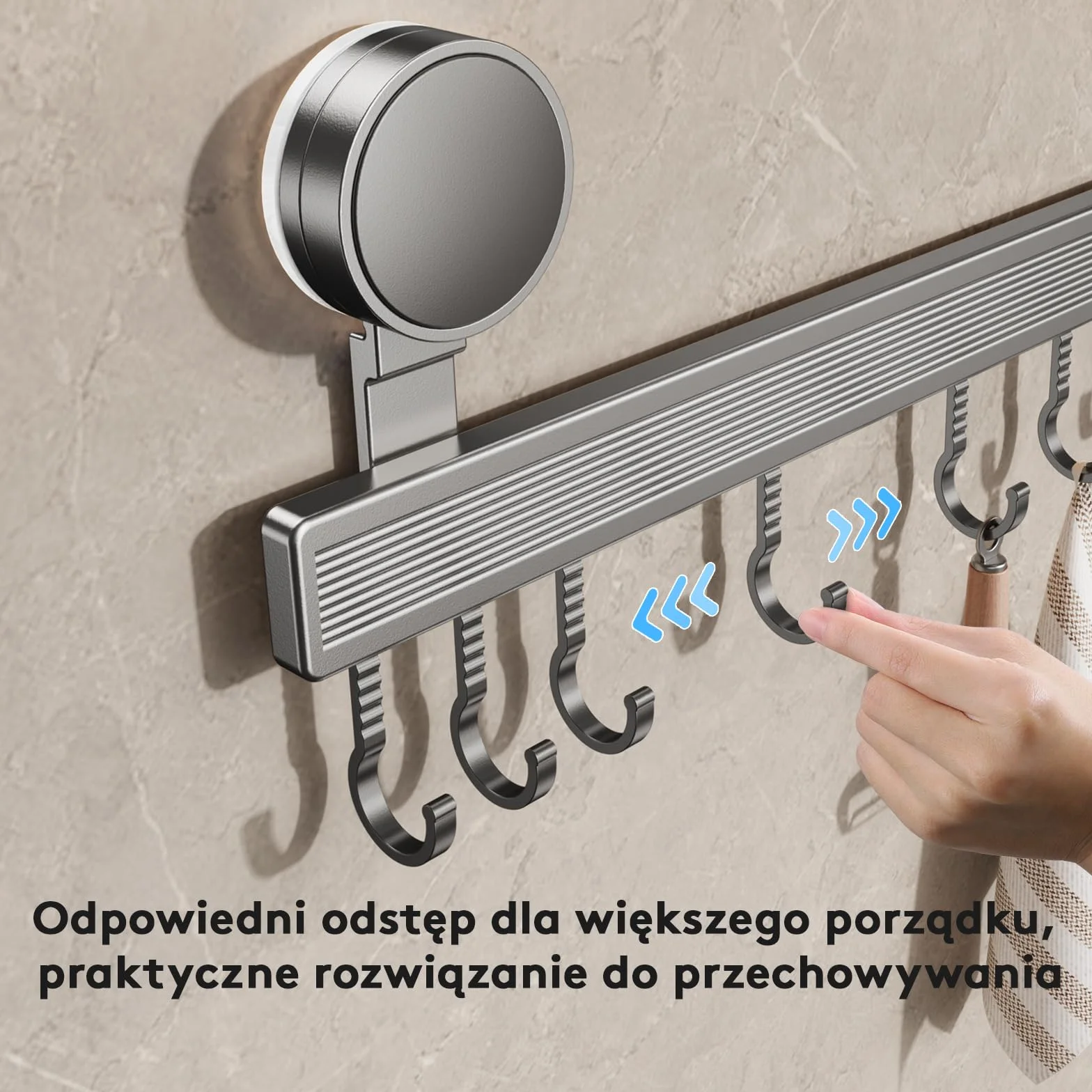 Listwa hakowa do kuchni bez wiercenia z przyssawką | 8 haków, długość 40 cm, nośność 20 kg, montaż w 1 minutę | Demontowalna nierdzewna listwa hakowa do przyborów kuchennych