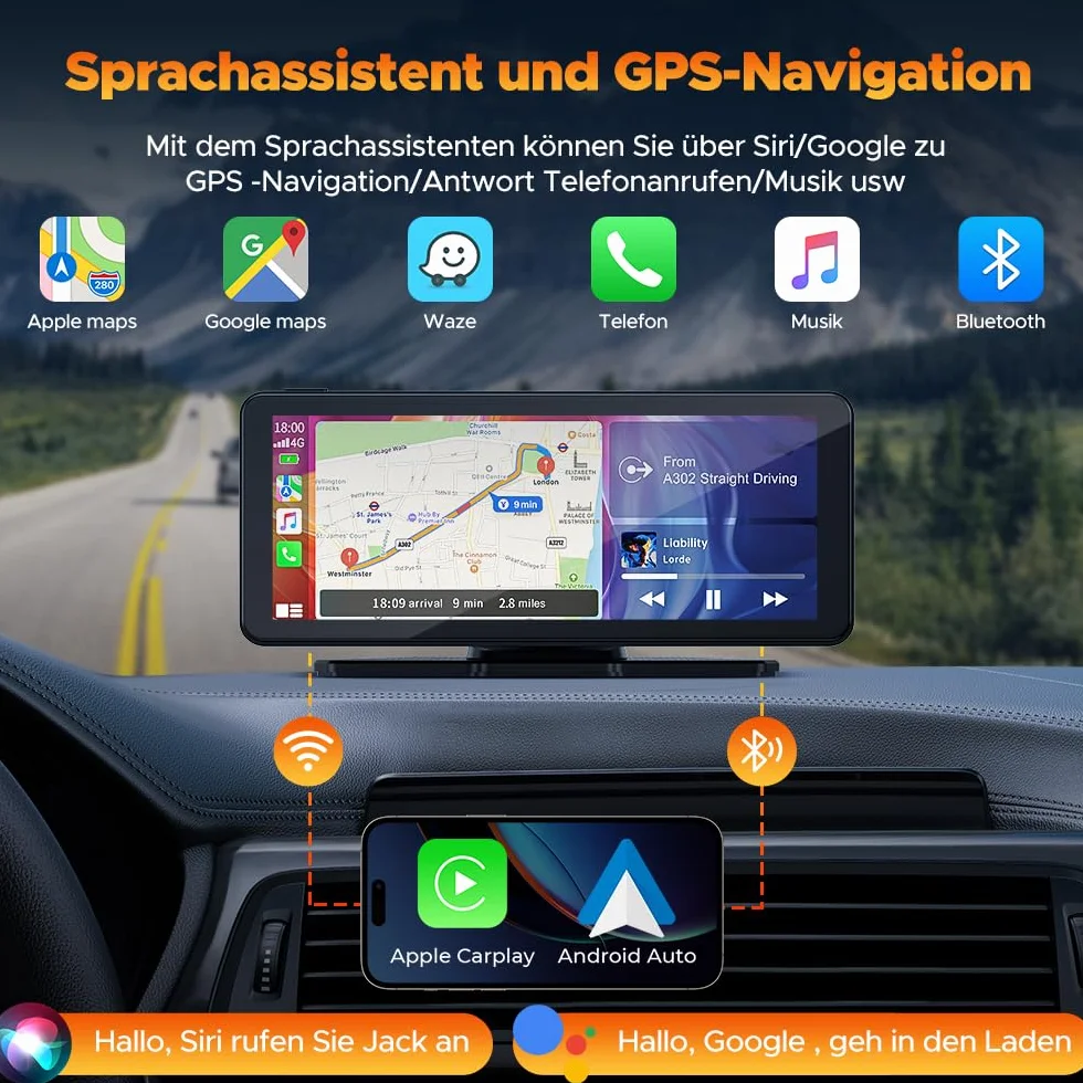 Volam Bezprzewodowy wyświetlacze samochodowy Volam A-pple Carplay z Androidem i kamerą 2,5K, cofania 1080P, ekranem 6,86 cala, Siri, Google, GPS, Mirror Link