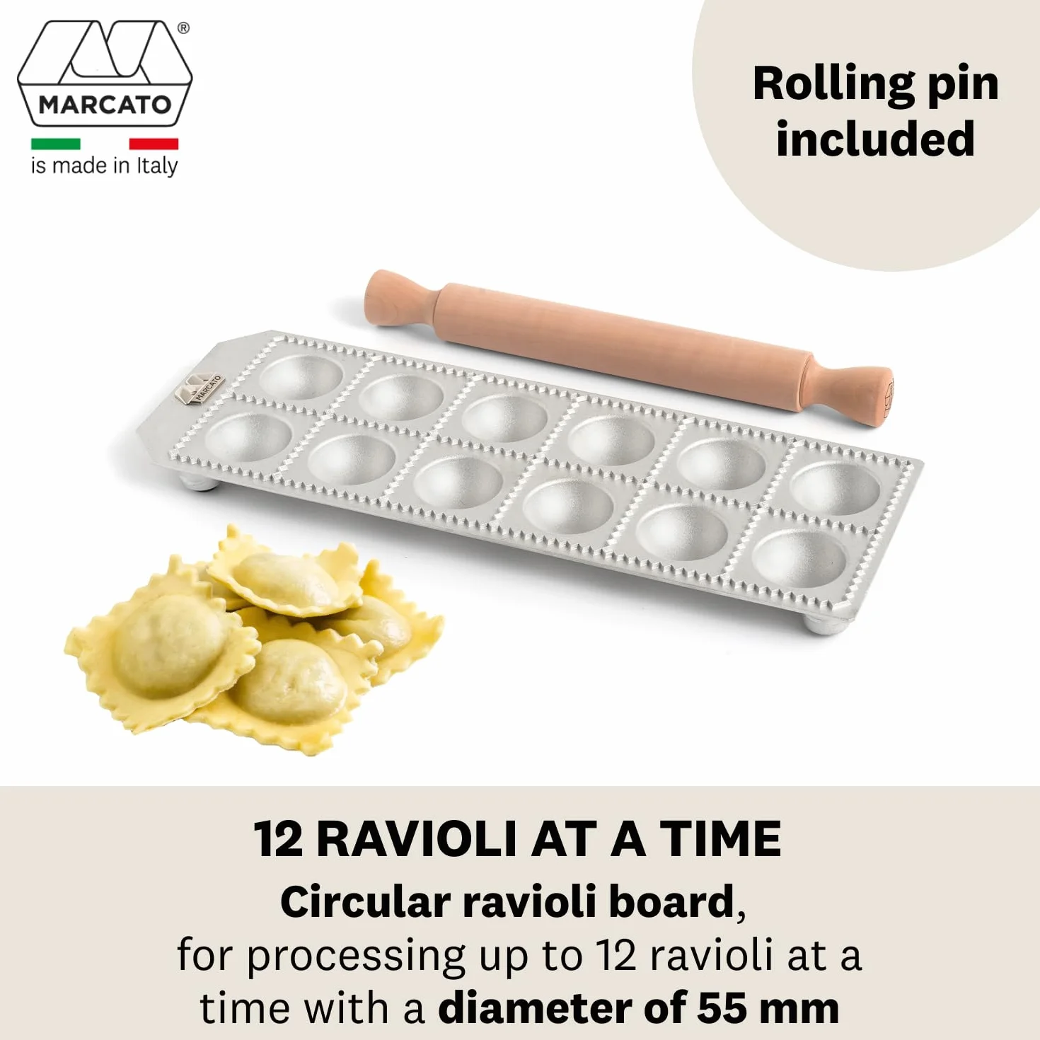 Marcato Ravioli Maker Press, okrągłe cięcie 50 mm, drewniany wałek do ciasta, Włochy