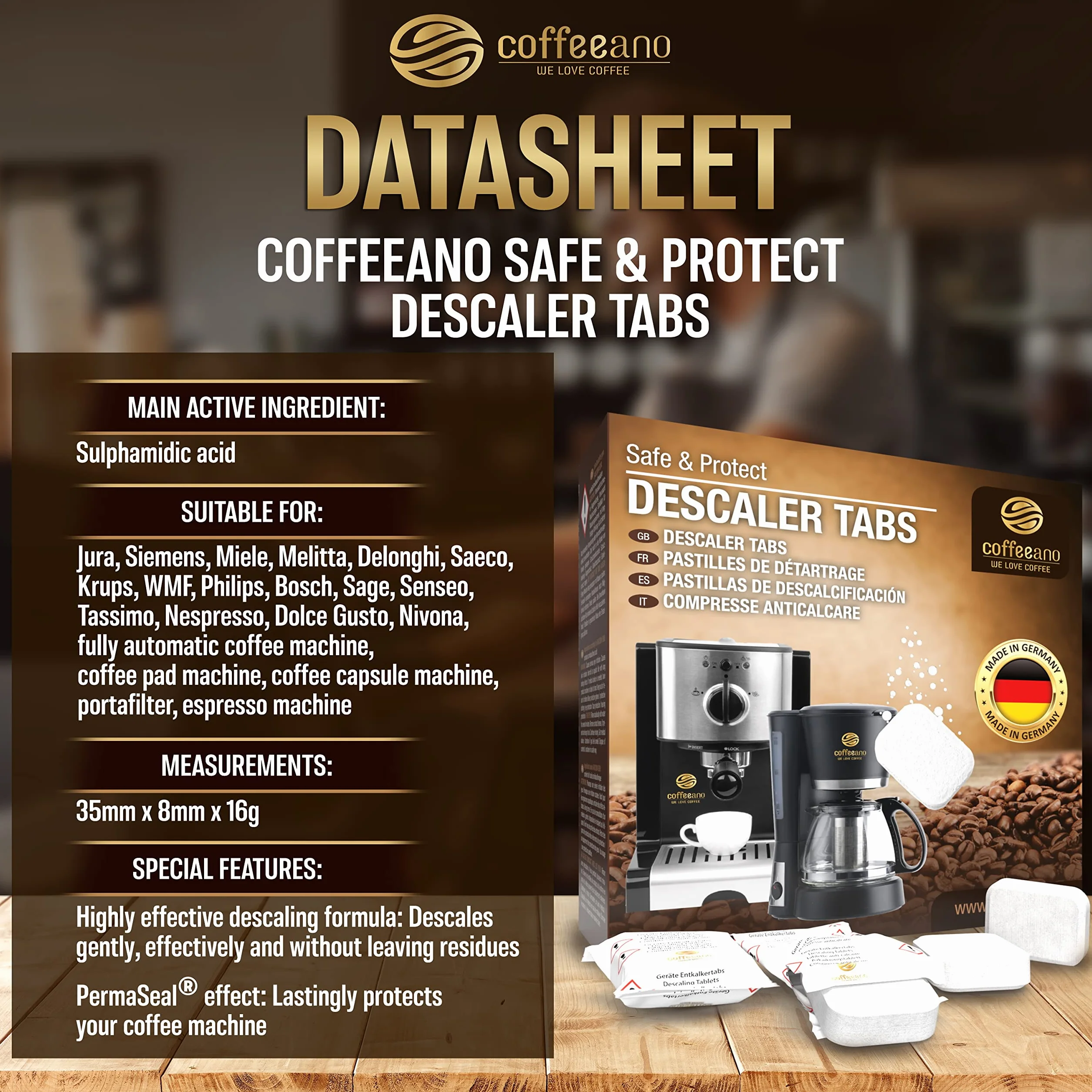 Coffeeano 50 tabletek odkamieniających XL do ekspresów do kawy kompatybilne z Jura, Siemens, Krups, Bosch, Miele, Melitta, WMF