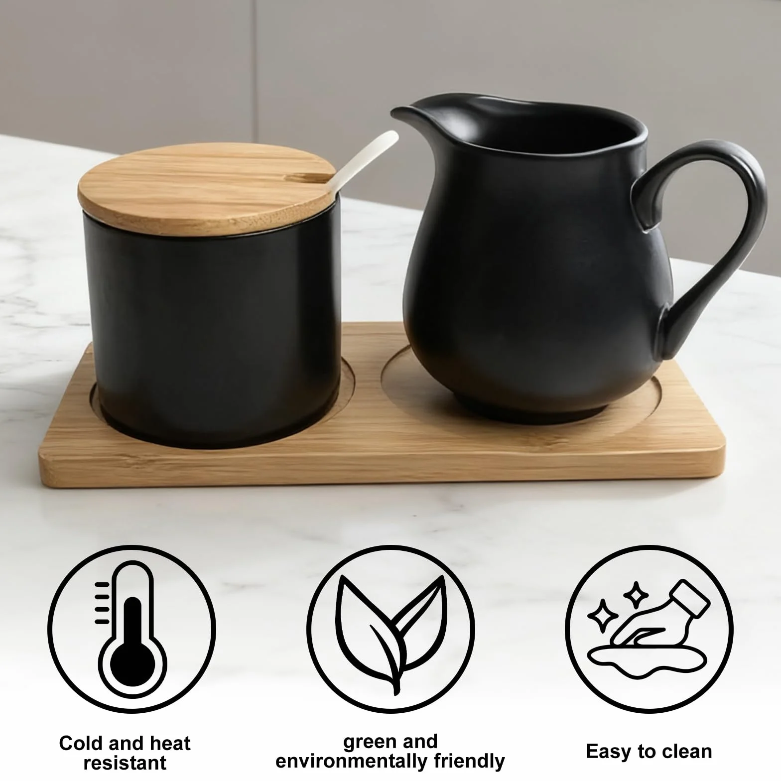 BAIFULAI Zestaw do mleka i cukru z pokrywką i łyżeczką, dzbanek na mleko czarny ceramiczny i cukiernica z drewnianą tacą, zestaw do cukru i mleka, ceramiczny dzbanek na śmietanę, pojemnik na mleko