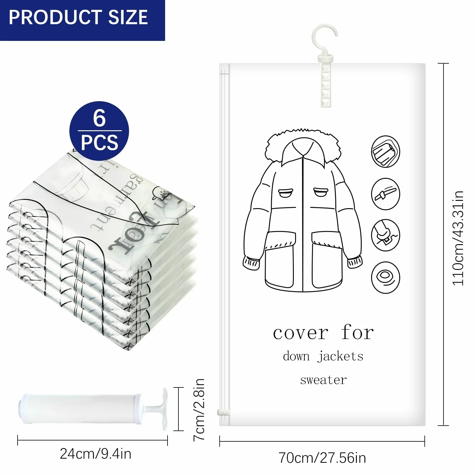 Worki próżniowe do wieszania ubrań 70 × 110 cm 6 sztuk przezroczyste wielokrotnego użytku