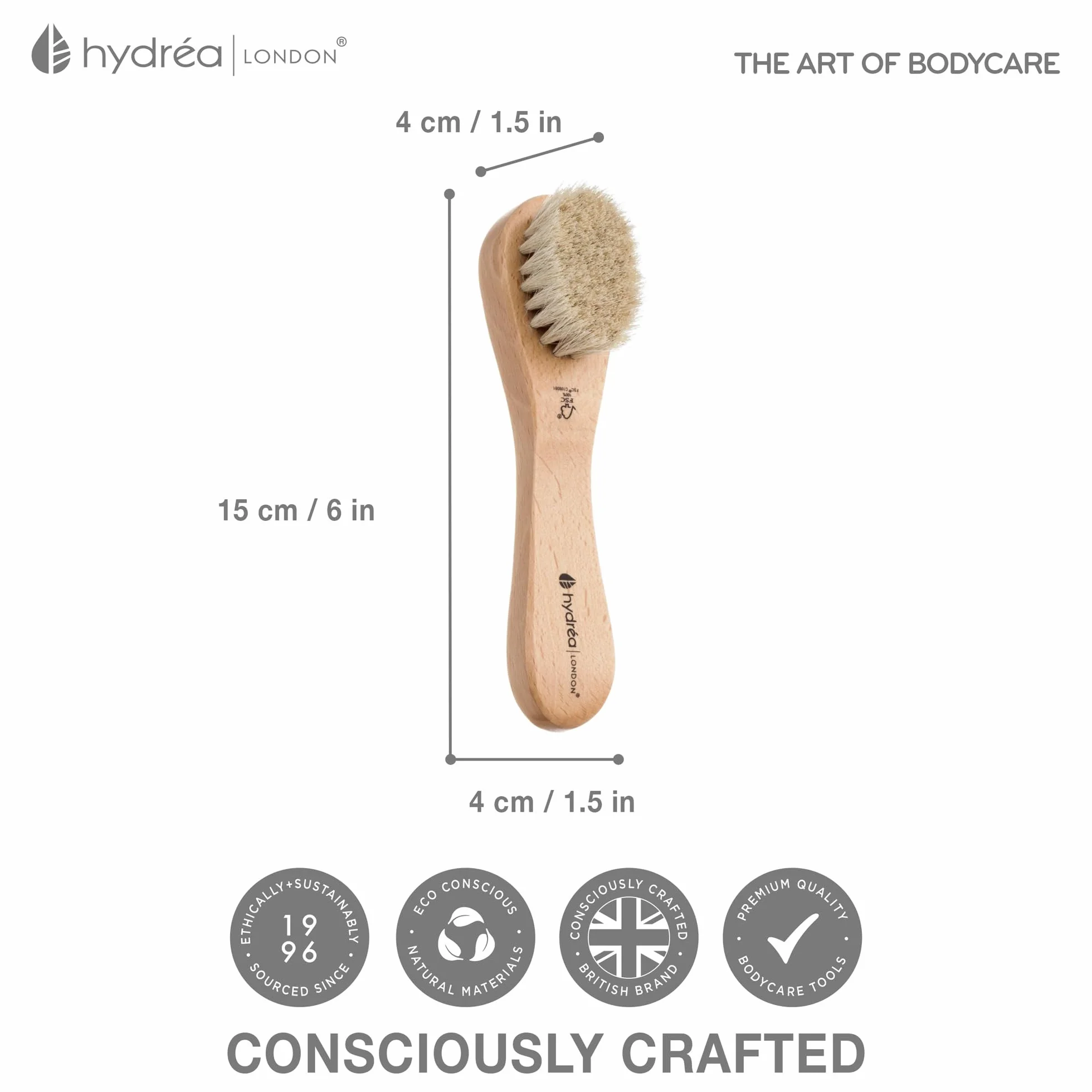 Hydrea London Szczotka do twarzy – peeling do skóry z naturalnego włosia, delikatny peeling i złuszczanie, wspomaga przepływ limfatyczny – drewno bukowe z certyfikatem FSC®.