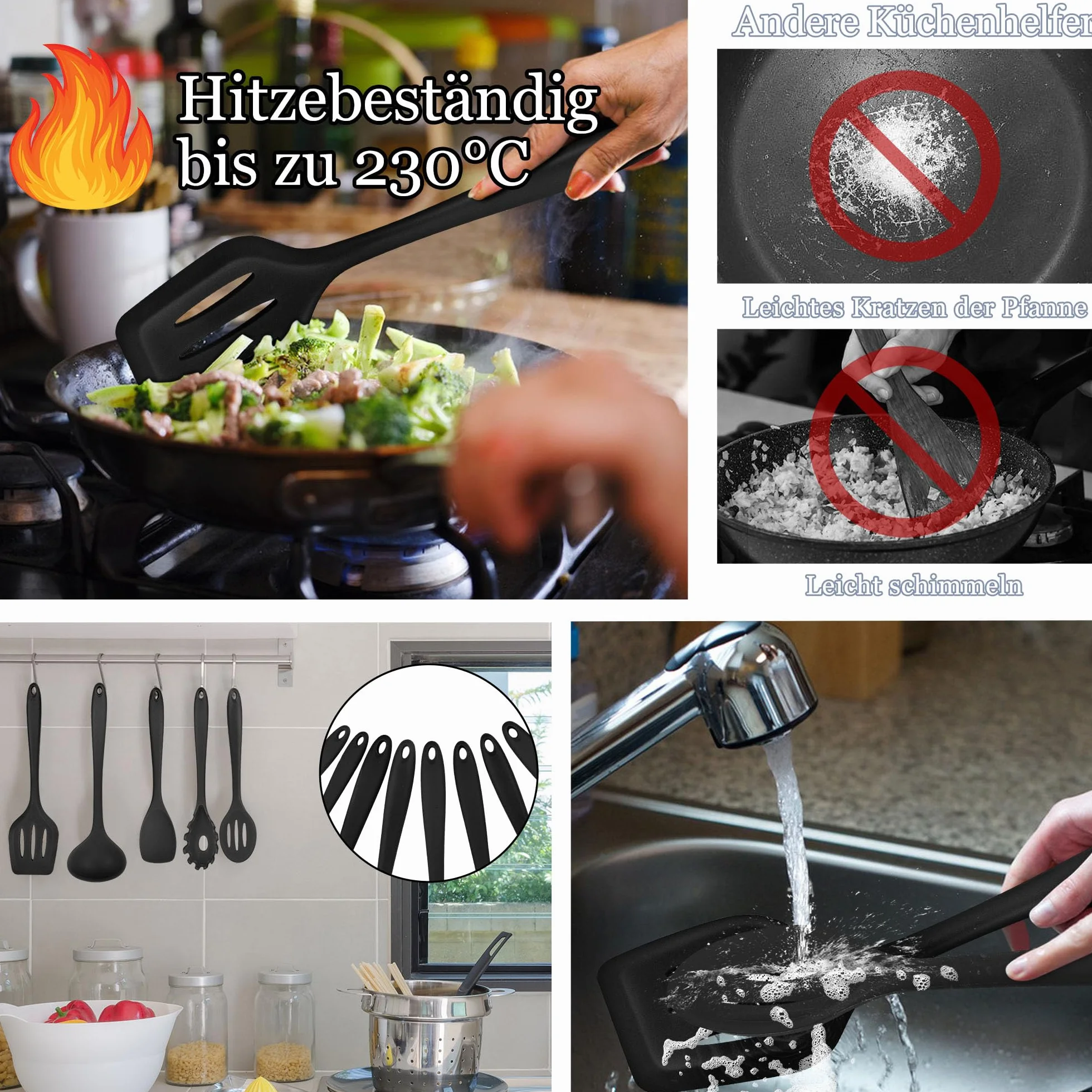 HaWare 21-częściowy silikonowy zestaw przyborów kuchennych, nieprzywierające, naczynia kuchenne z uchwytem na przybory kuchenne, można myć w zmywarce, kolor czarny