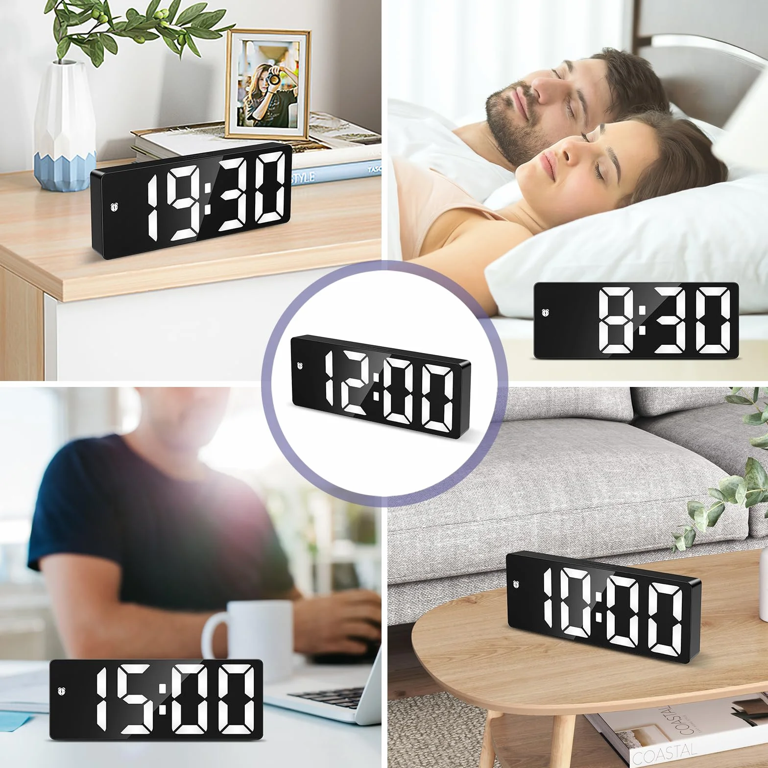 Cyfrowy budzik LED z dużym wyświetlaczem, zasilany USB/baterii, temperatura, drzemka, data, regulacja jasności, sterowanie głosowe