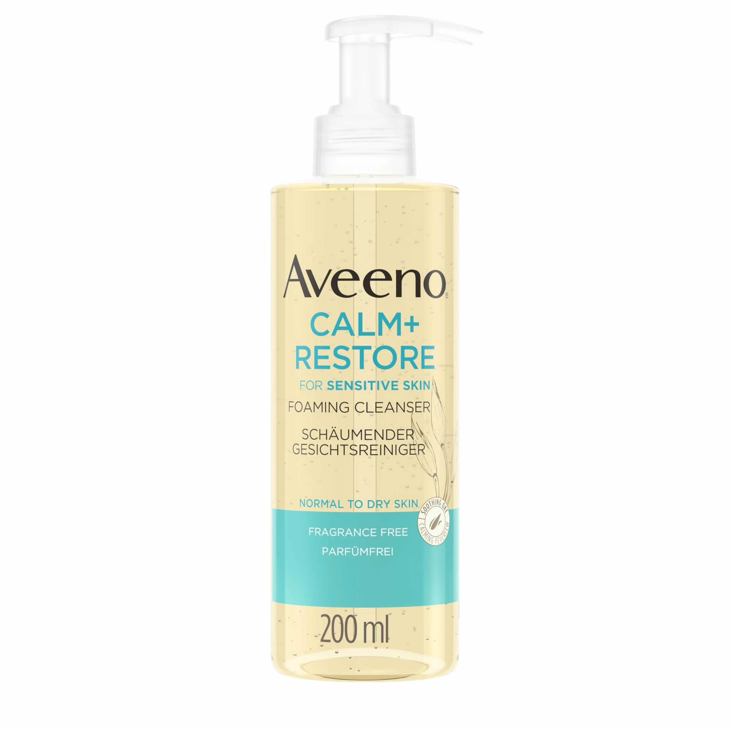 Aveeno CALM+RESTORE spieniający środek do czyszczenia twarzy (200 ml), usuwa makijaż, wodoodporny tusz do rzęs, pozostawia uczucie wilgoci na skórze, pianka żelowa, do skóry wrażliwej, nie zawiera