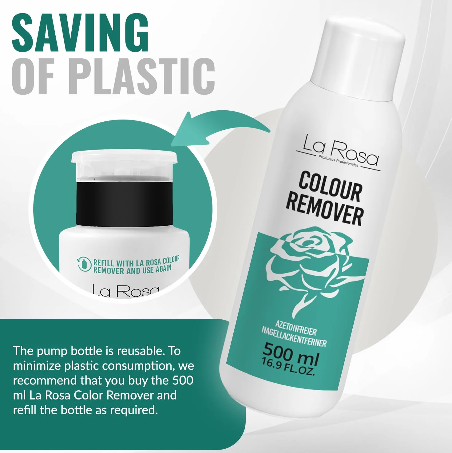 LaRosa Bezacetonowy ZMYWACZ do paznokci 190ml z pompką umożliwiającą oszczędną i wygodną aplikację - COLOUR REMOVER