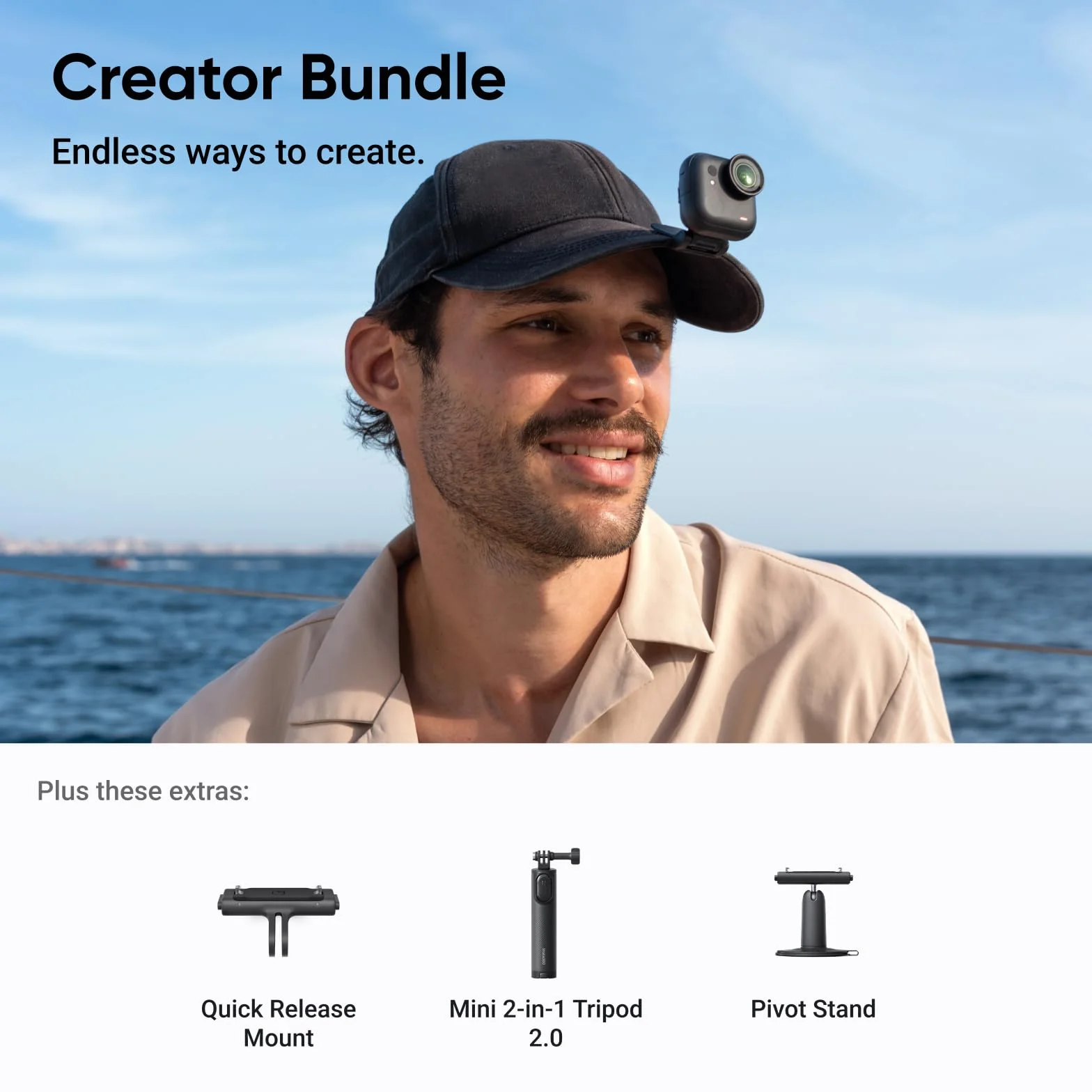 Insta360 Pakiet GO Ultra Creator Midnight Black – mała kamera 4K, lekka i przenośna, doskonałość przy słabym oświetleniu, montaż w dowolnym miejscu, stabilizacja FlowState, żywotność baterii 200 min