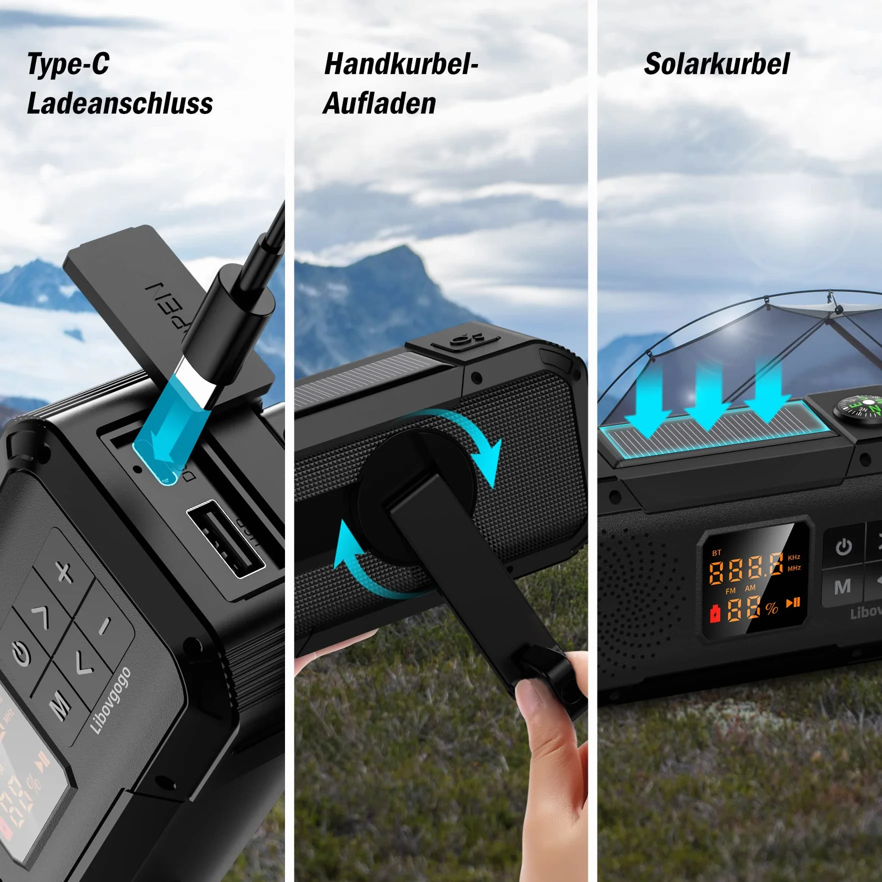 Libovgogo DF-589 małe radio awaryjne z korbą ręczną, wodoszczelny głośnik Bluetooth, przenośne cyfrowe radio AM FM z latarką, lampą błyskową, powerbank 2000 mAh, radio z korbą słoneczną, SOS