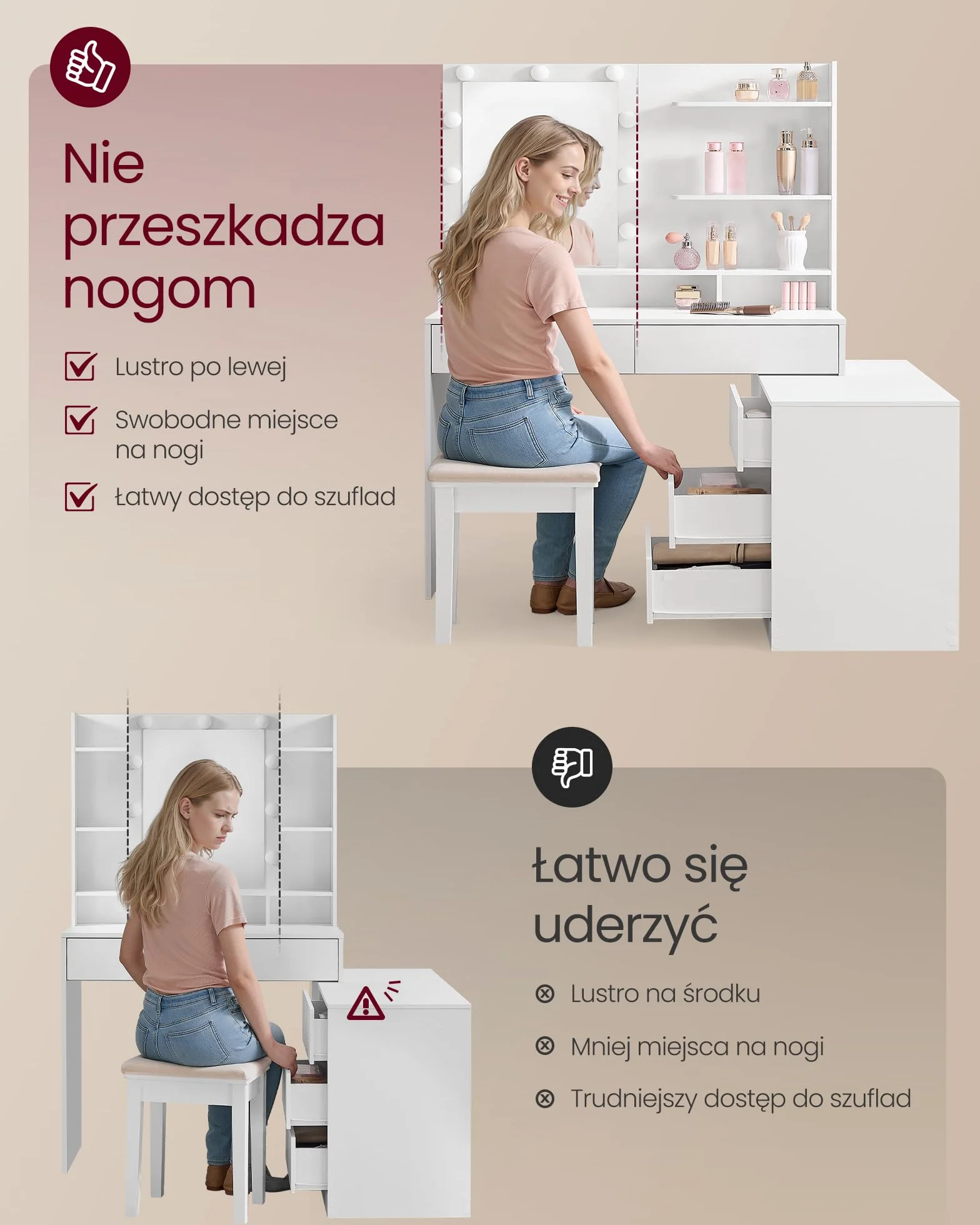 VASAGLE Toaletka z lustrem LED i gniazdkiem, regulowana jasność, 8 szuflad, 2 półki, kształt L, biała